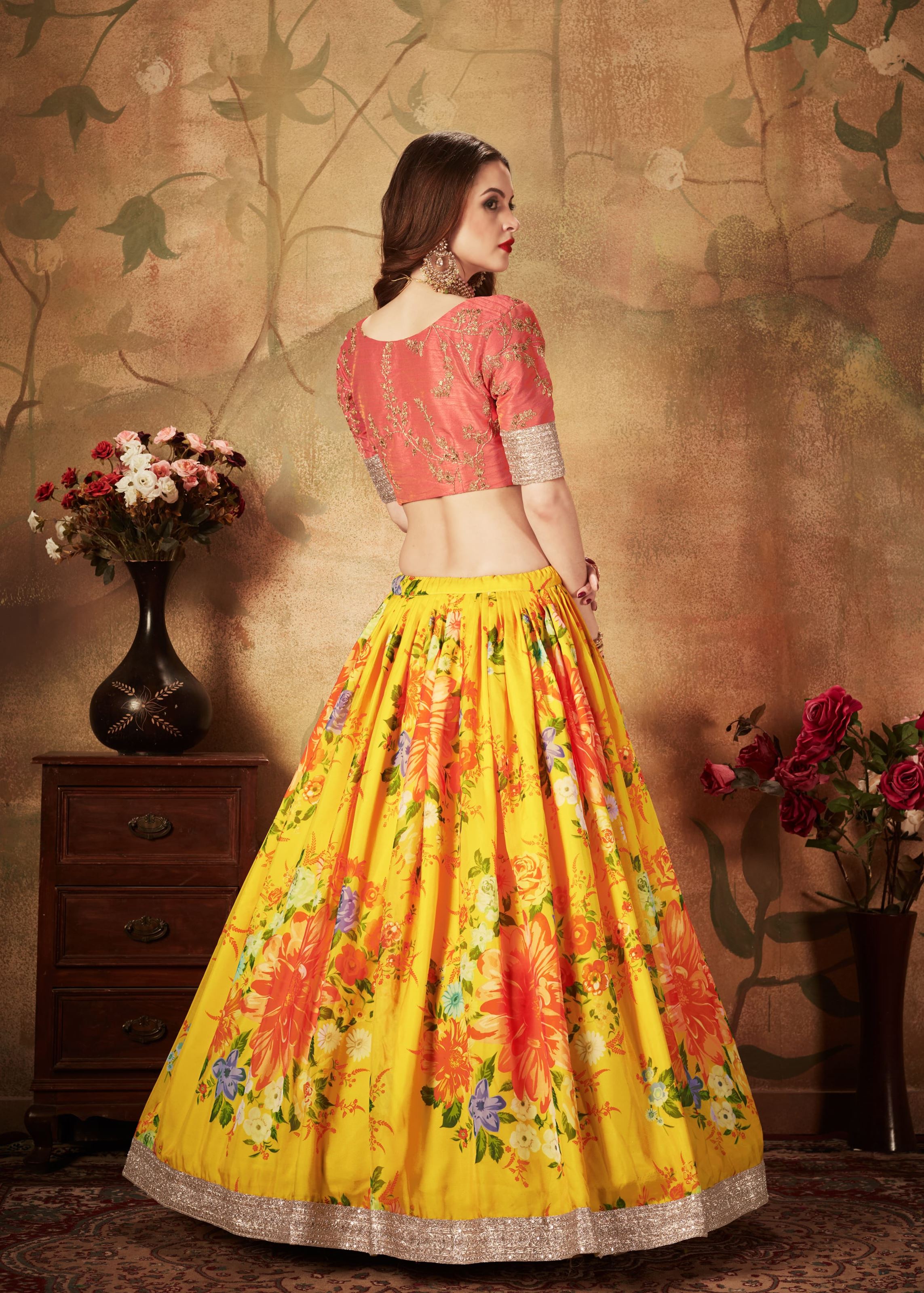 Yellow And Orange Lehenga Choli With Digital Print & Dori, Zari And Sequins Embroidery Work