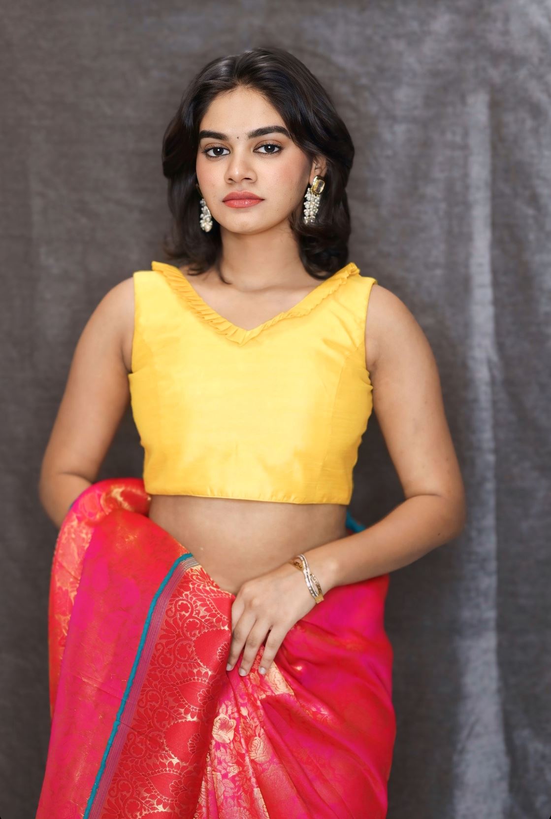 Yellow Art Silk Blouse With V Neckline and Frill