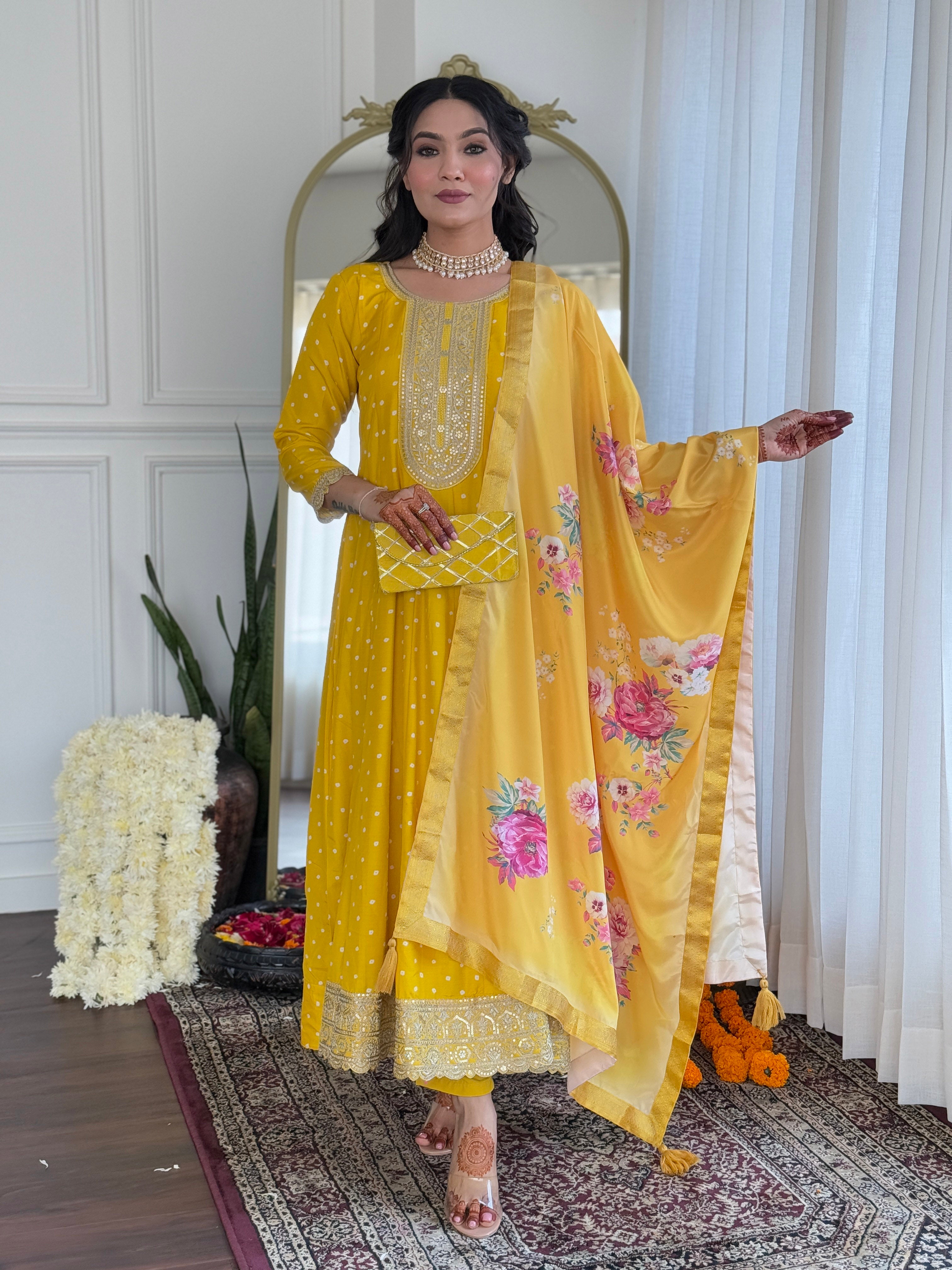Yellow Art Silk Elegant Kurta Pant Set With Embroidery Work