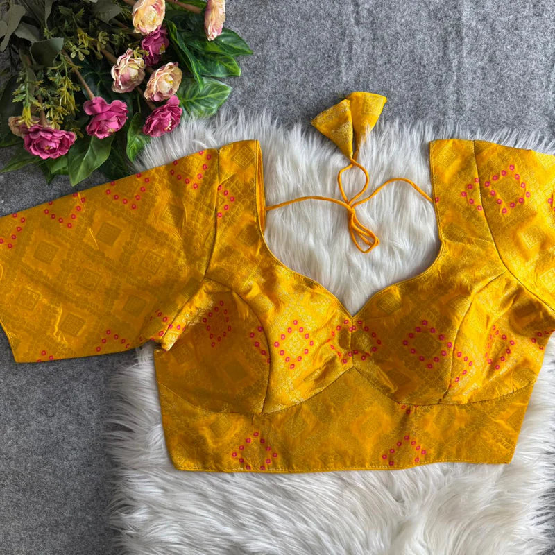 Yellow Banarasi Jacquard Patola Designer Blouse Silk Partywear Readymade Blouse