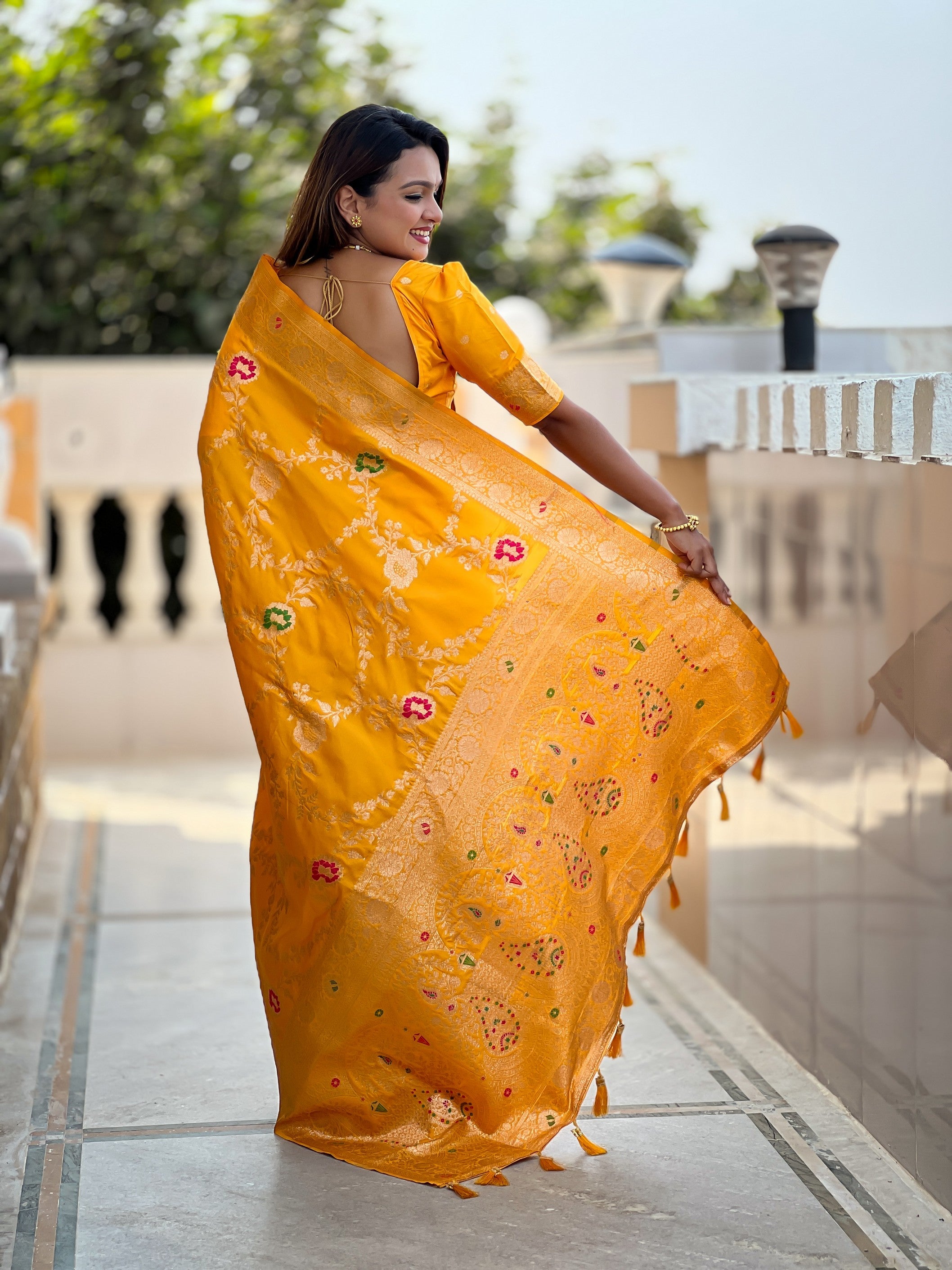 Yellow Banarasi Silk Saree With Traditional Woven Meenakari Designer Traditional Looks