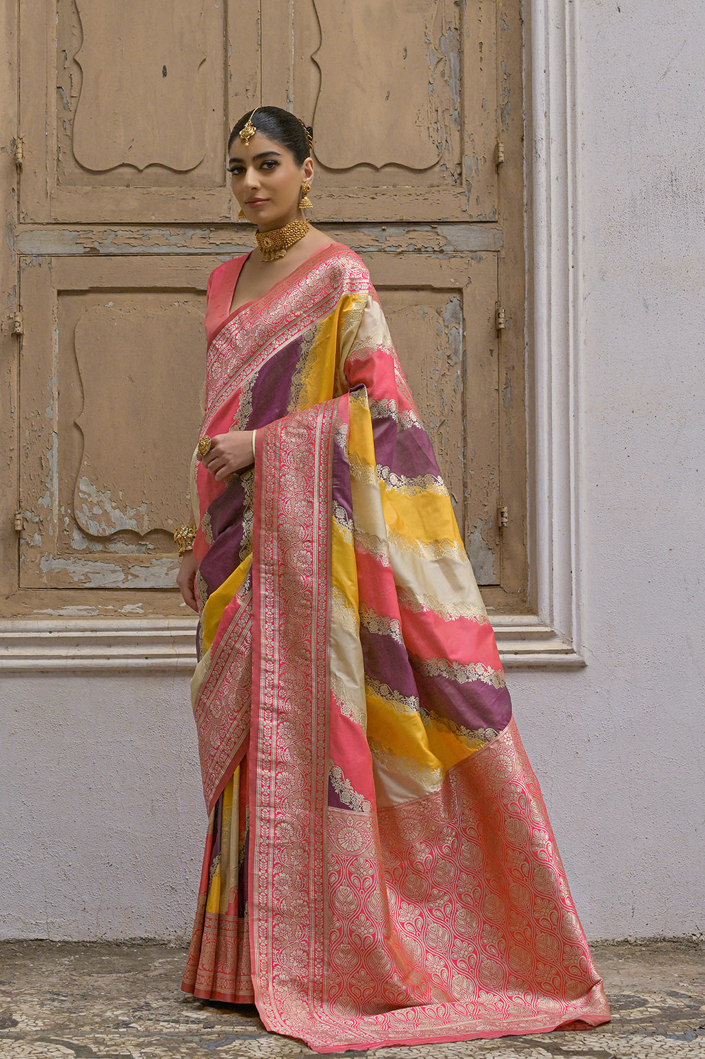 Yellow Banarasi Silk Saree with Leriya Zari and Contrast Pallu