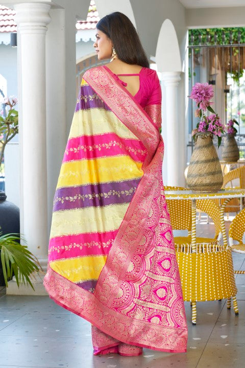 Yellow Banarasi Silk Saree with Leriya Zari and Contrast Pallu