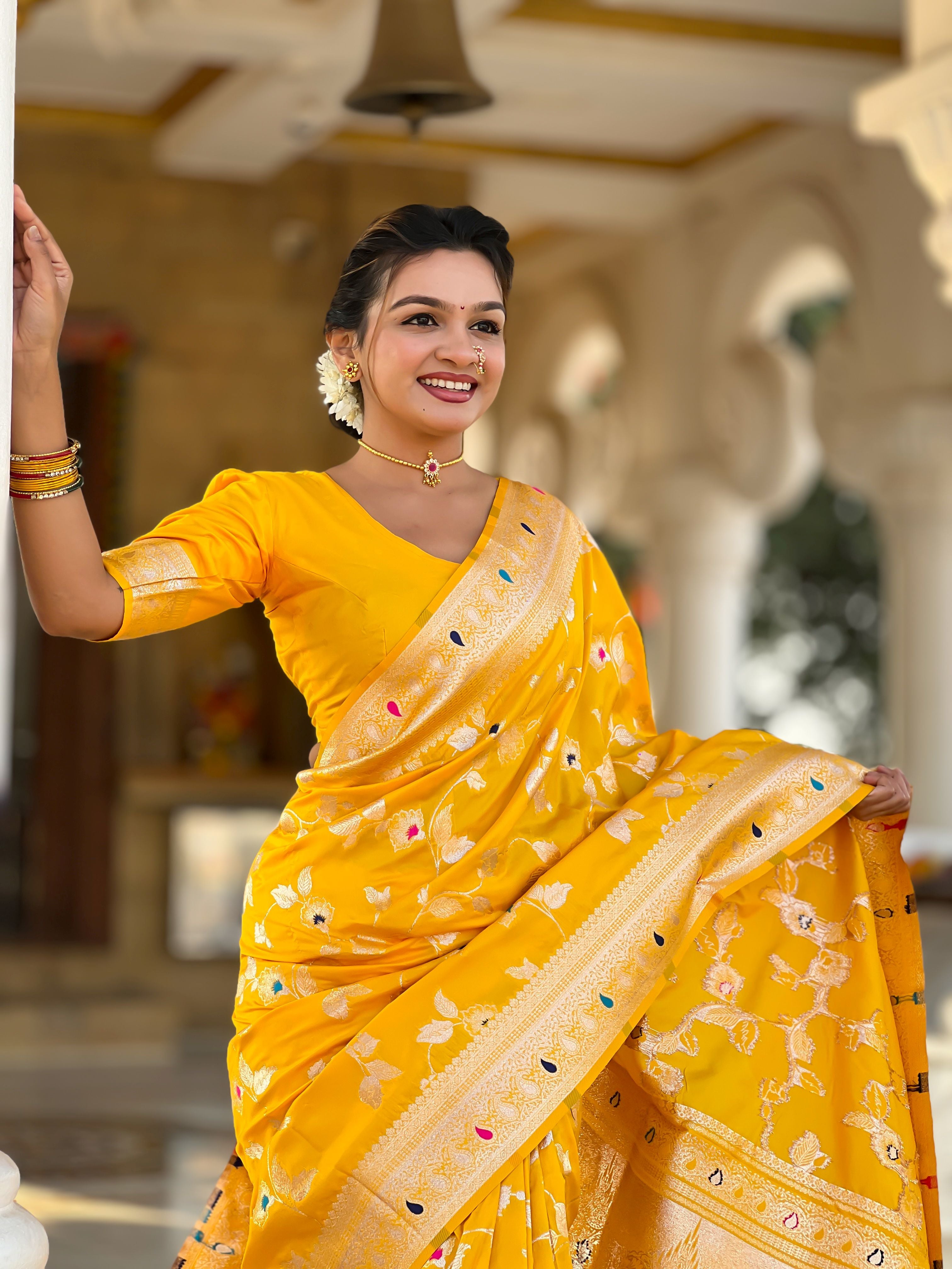 Yellow Banarasi Silk Woven Jacquard Designer Ceremonial Partywear Saree