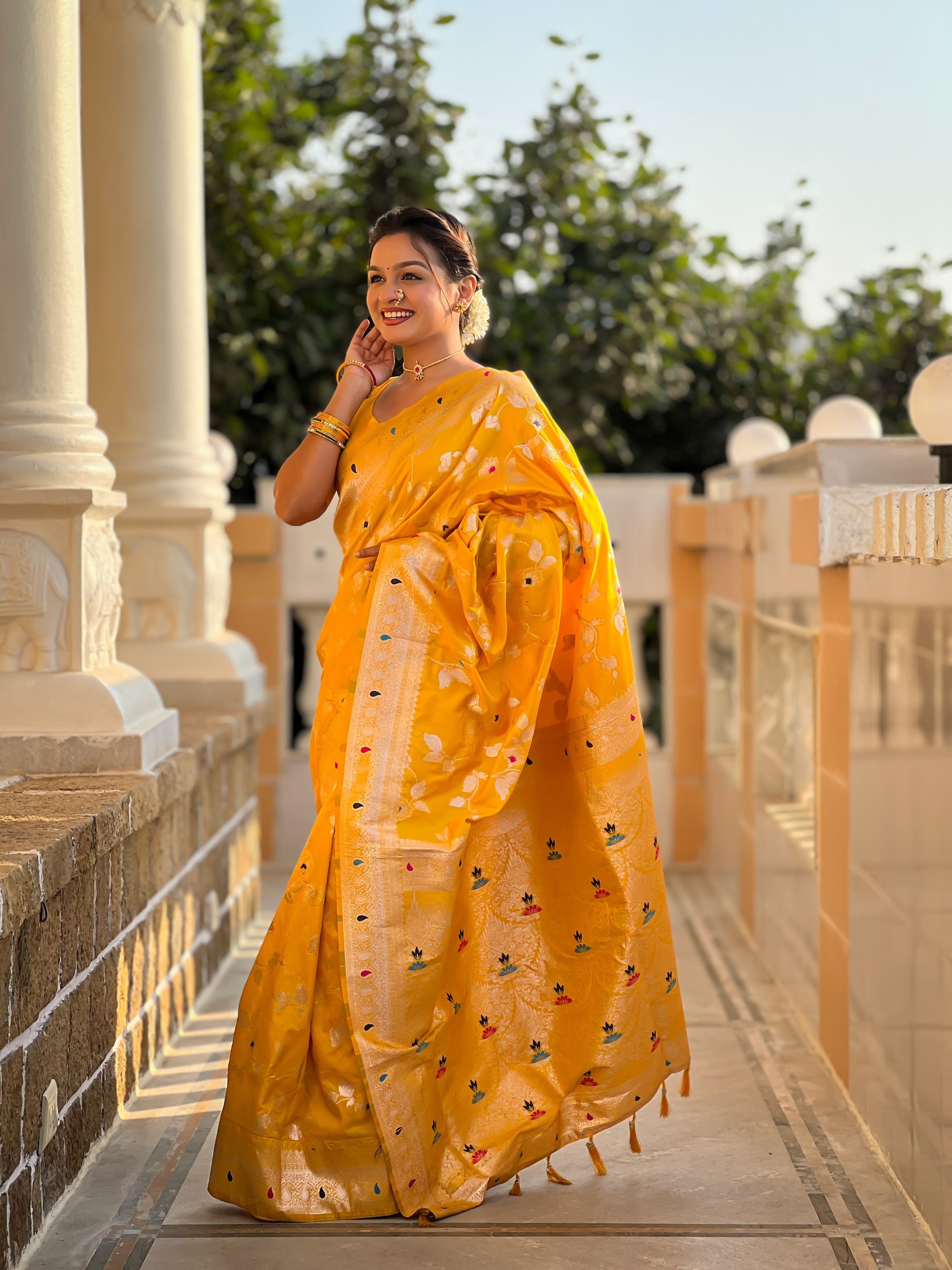 Yellow Banarasi Silk Woven Jacquard Designer Ceremonial Partywear Saree
