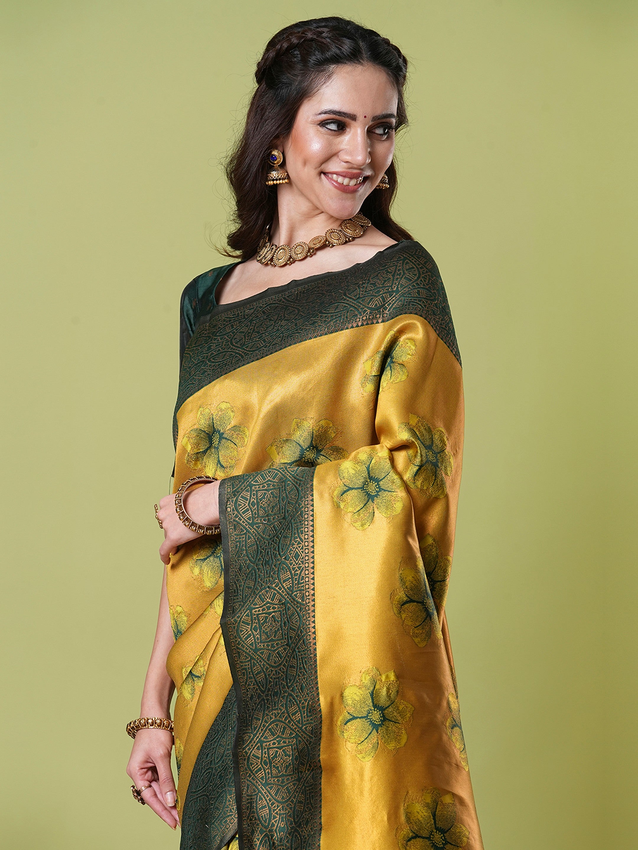 Yellow Banarasi Silk Woven Jacquard Designer Partywear Saree