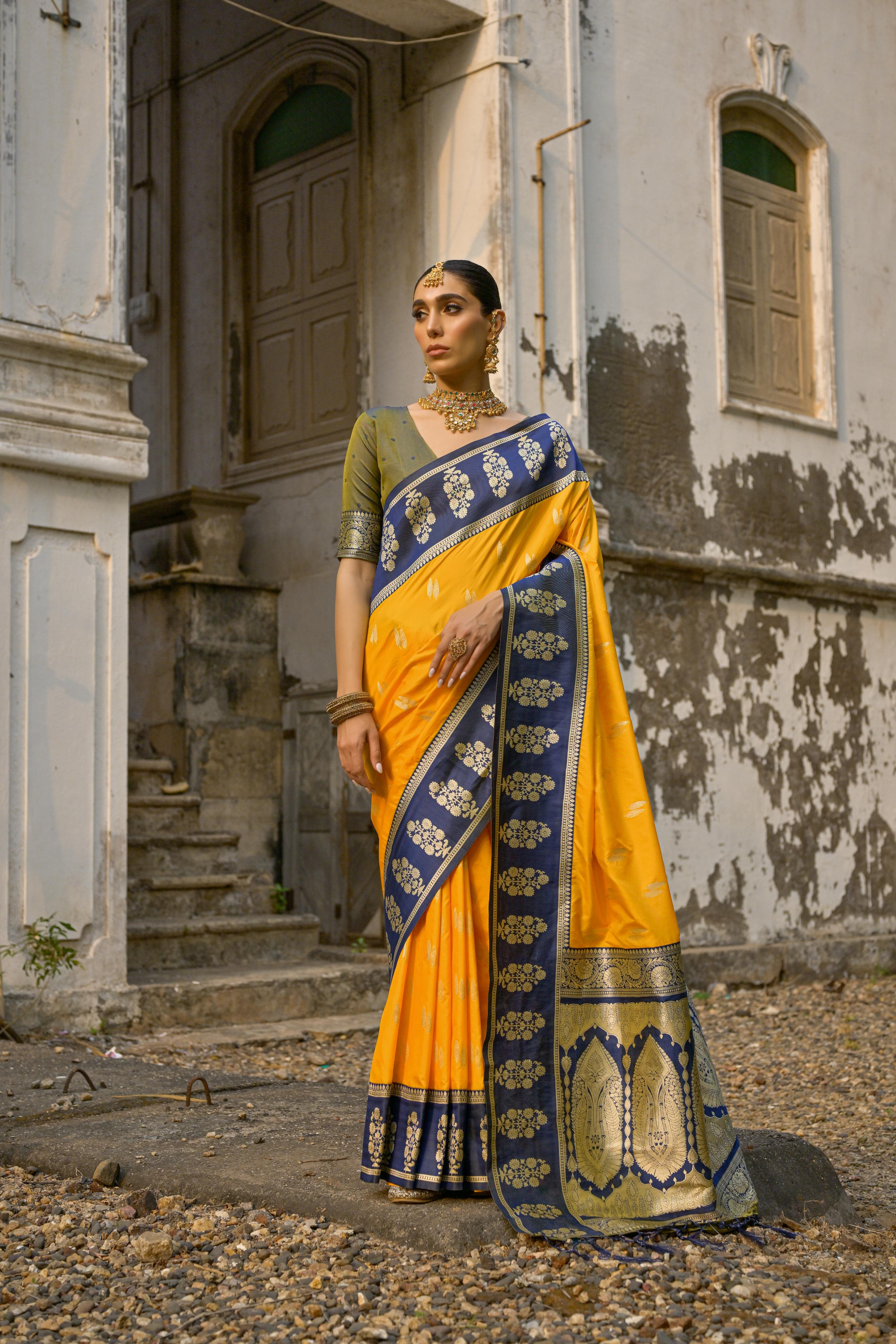 Yellow Banarasi Silk Woven Jari Designer Heavy Rich Looks Ceremonial Saree