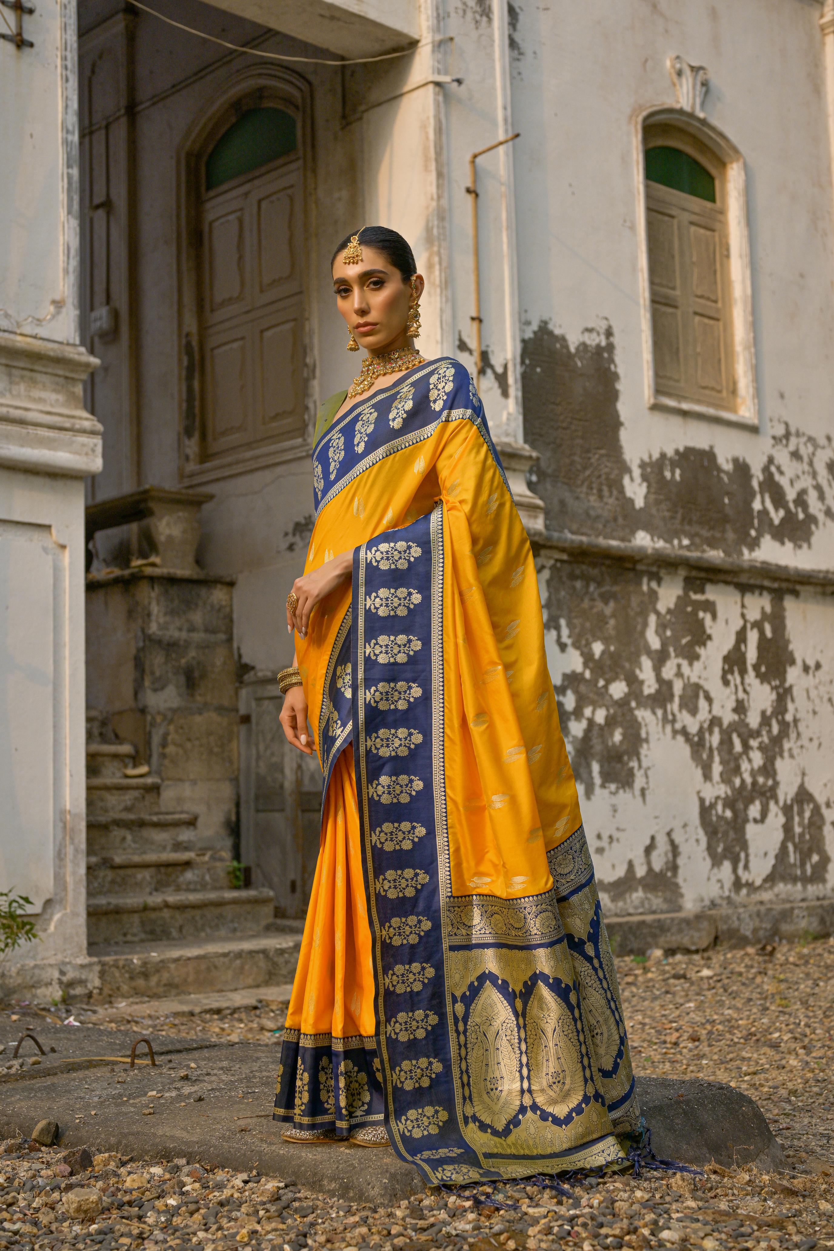 Yellow Banarasi Silk Woven Jari Designer Heavy Rich Looks Ceremonial Saree