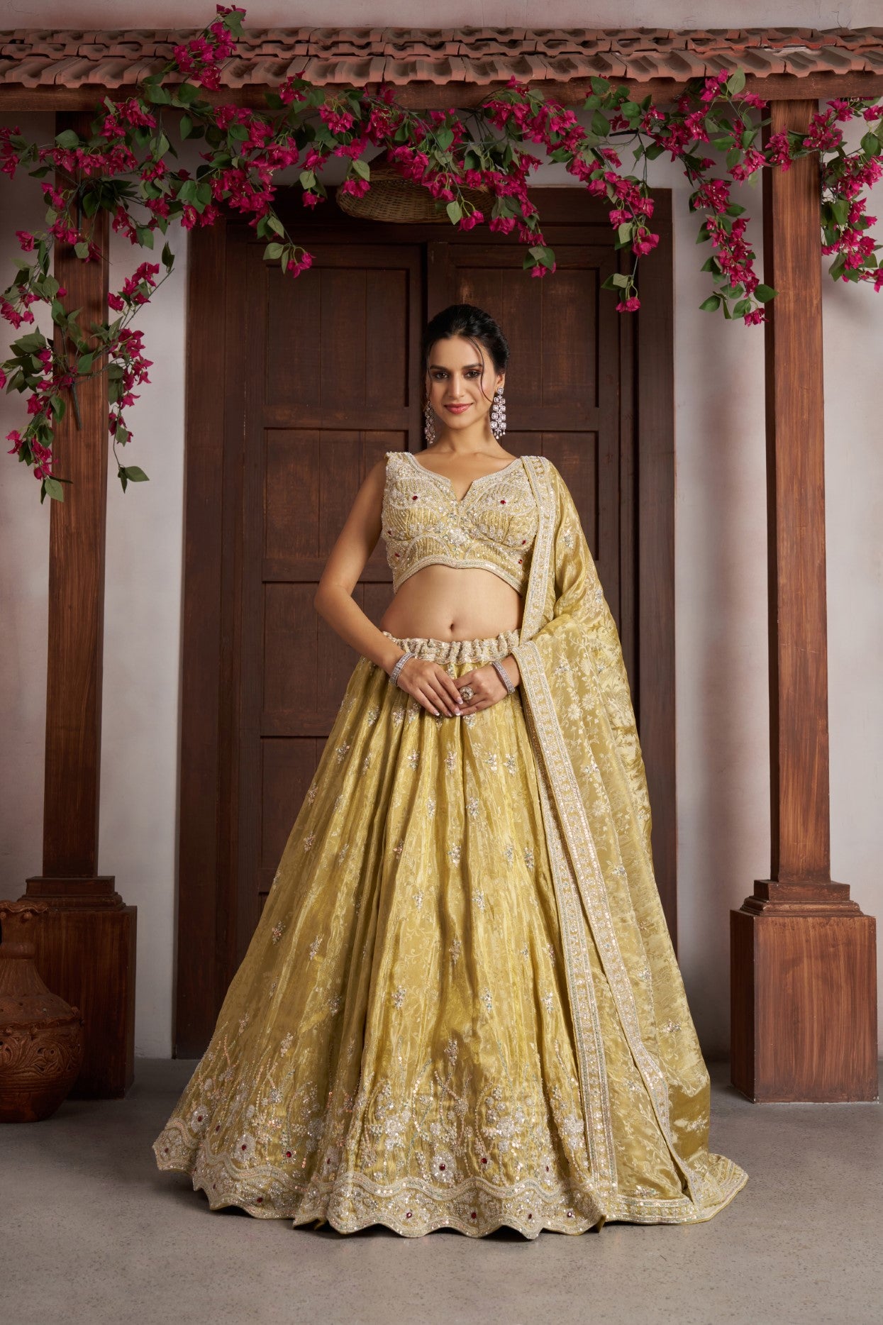 Yellow Banarasi Tissue Haldi Special Designer Lehenga Choli