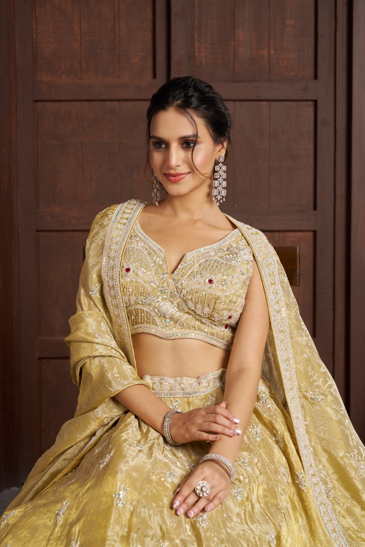 Yellow Banarasi Tissue Haldi Special Designer Lehenga Choli