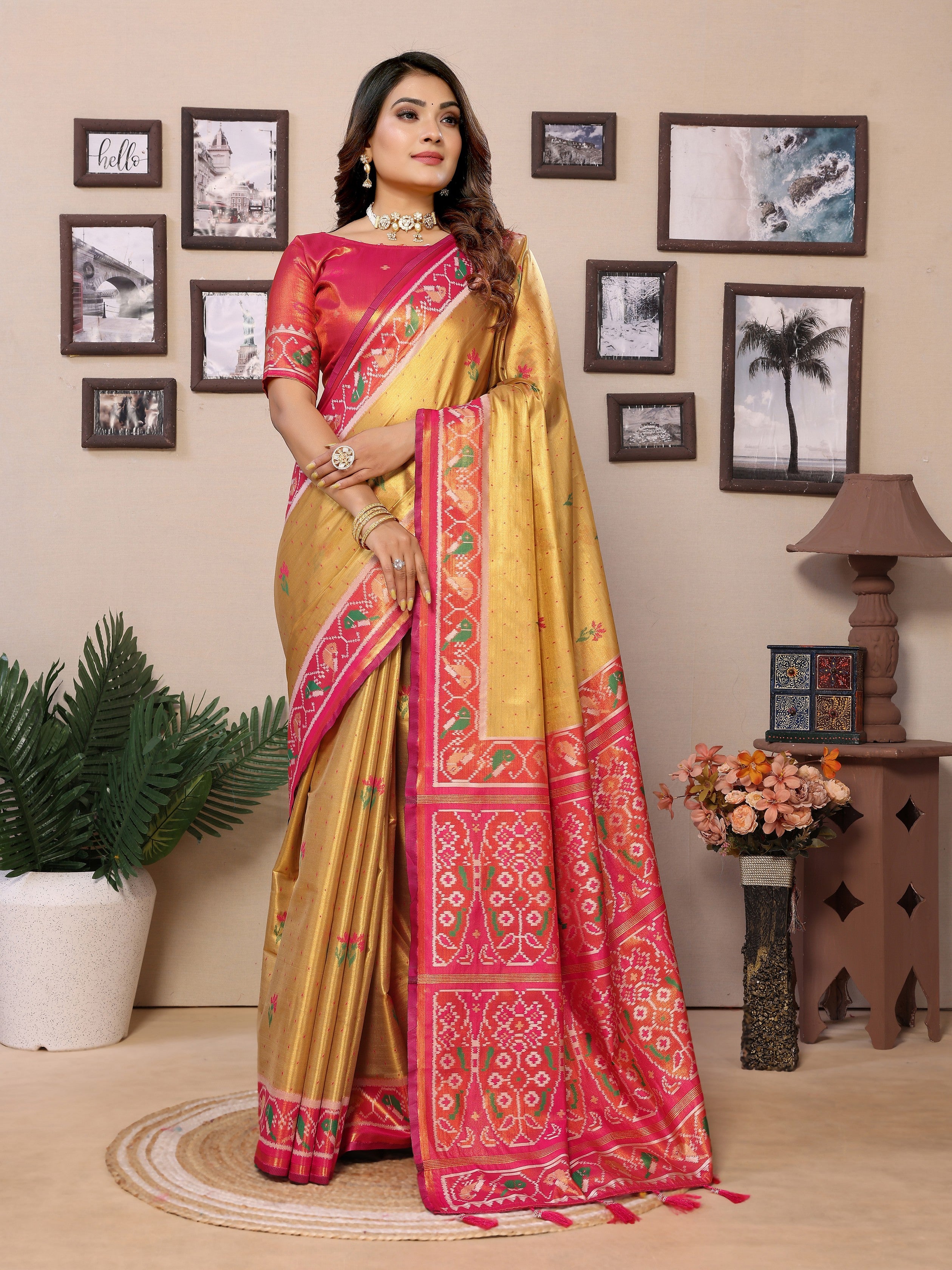 Yellow Banarasi Tissue Silk Woven Patola Designer Ethnic Indian Saree
