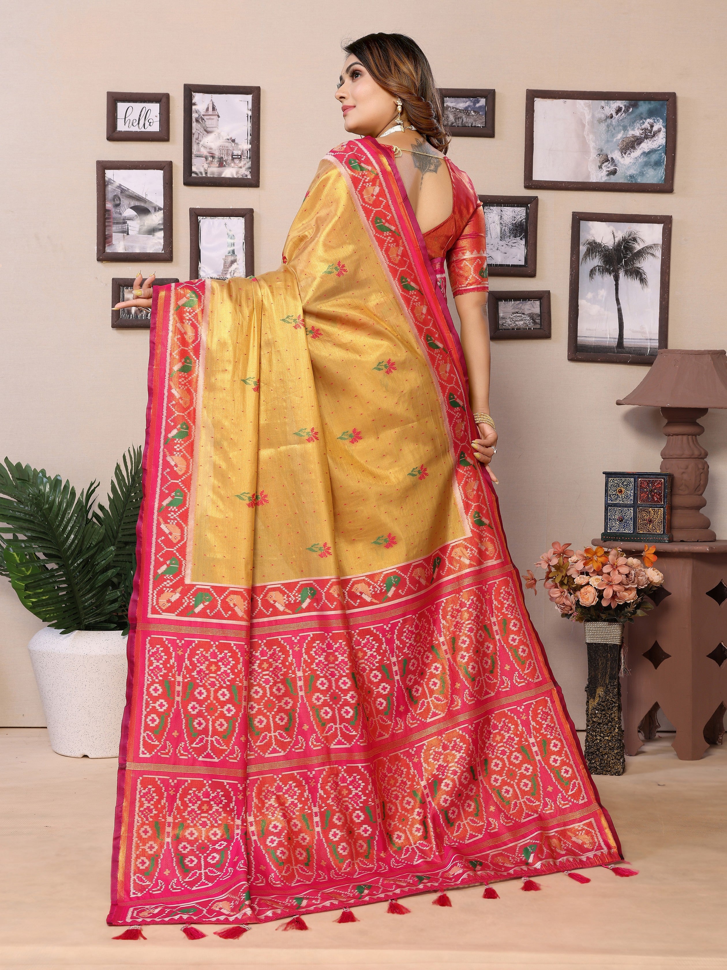 Yellow Banarasi Tissue Silk Woven Patola Designer Ethnic Indian Saree