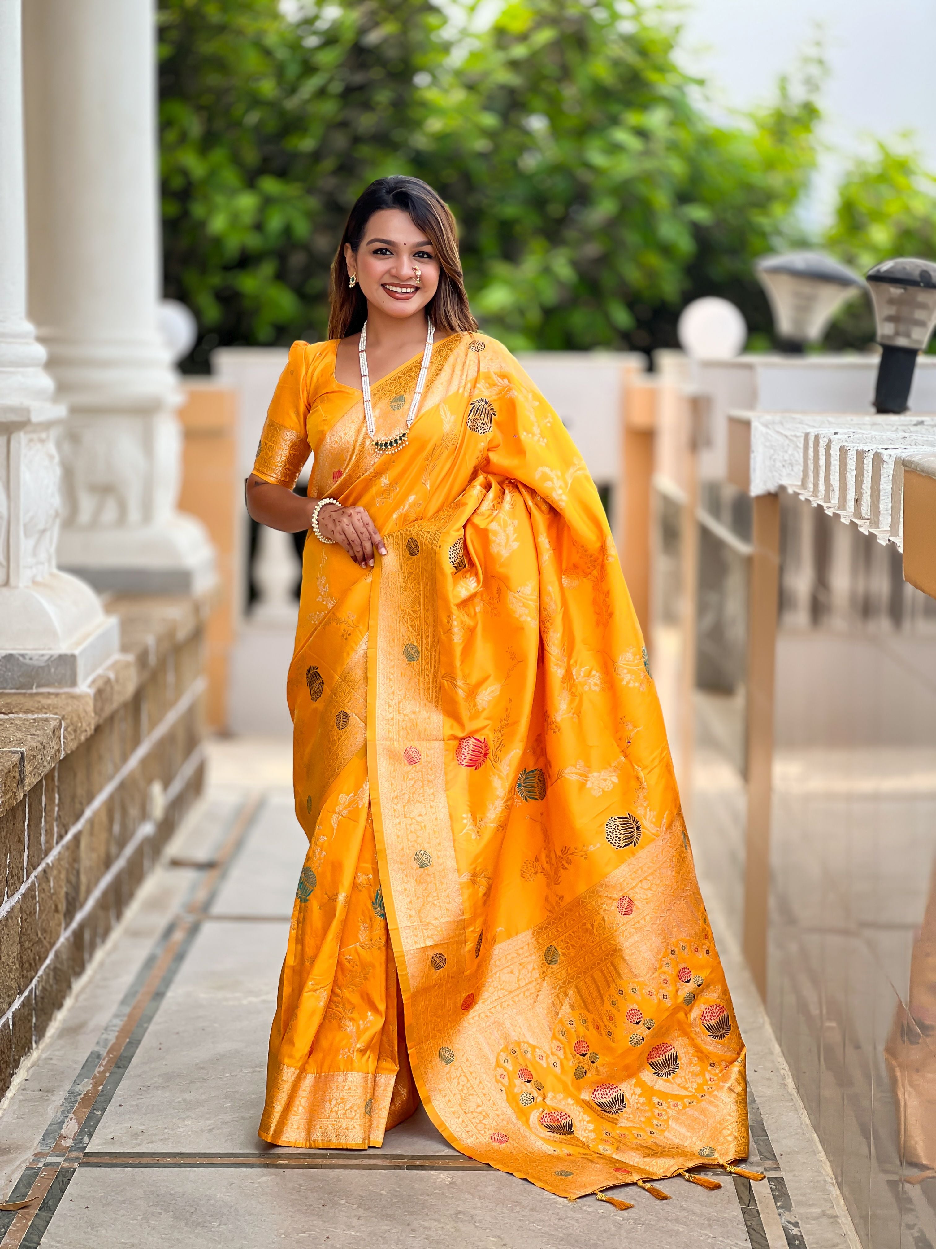 Yellow Beautiful Banarasi Silk Woven Meenakari Designer Graceful Ethnic Saree