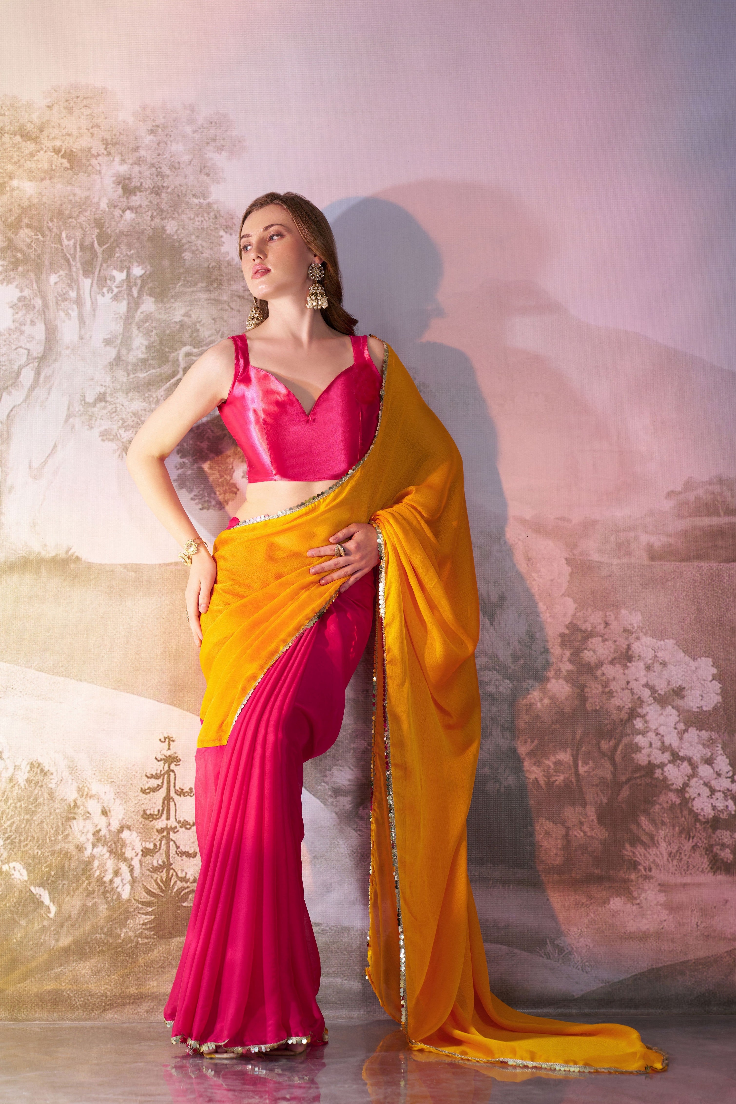 Yellow Beautiful Bollywood Style Partywear Chiffon Saree