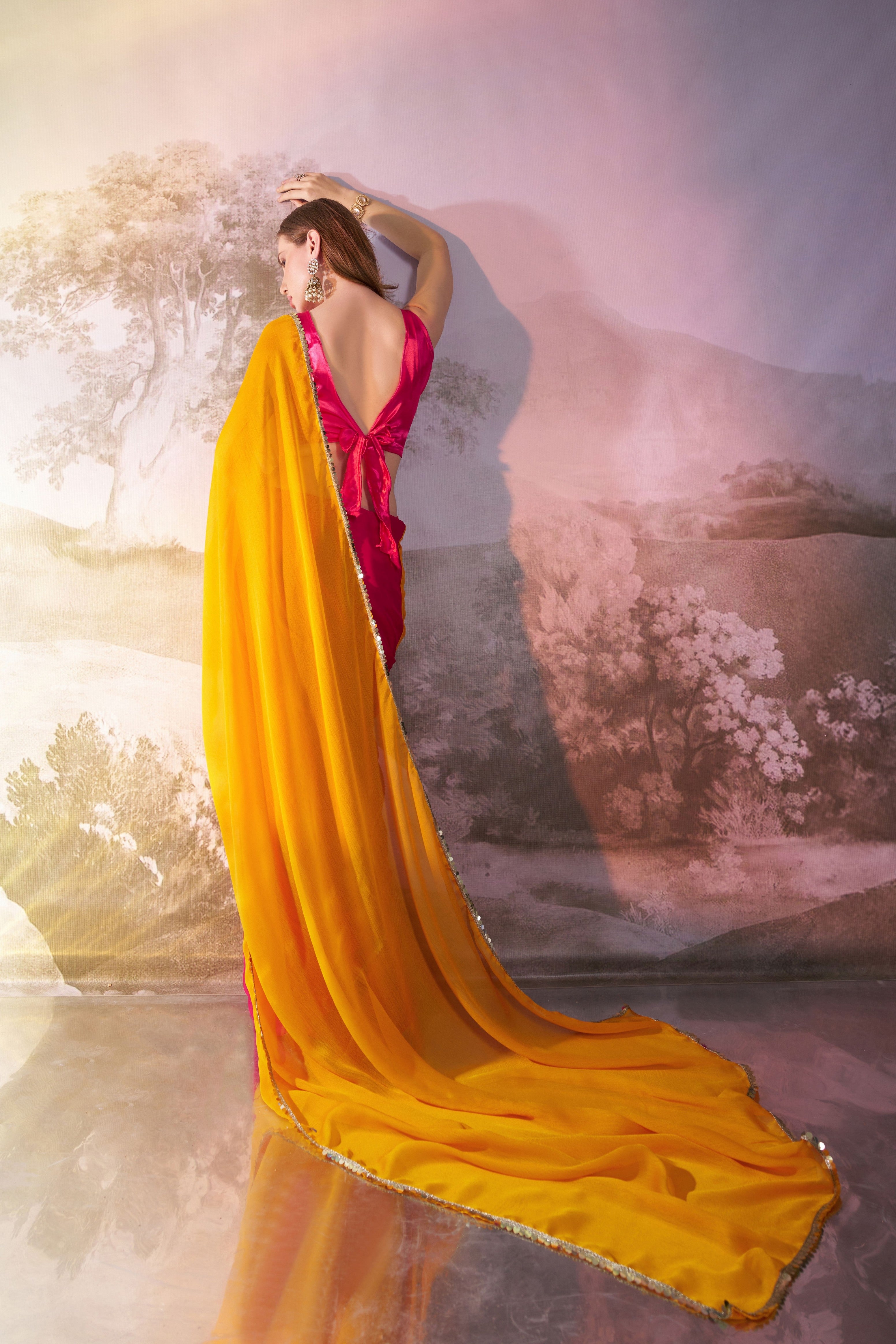 Yellow Beautiful Bollywood Style Partywear Chiffon Saree