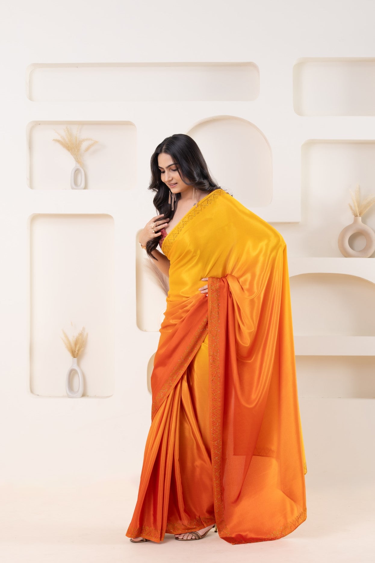 Yellow Beautiful Bollywood Style Satin Fabic Ready To Wear Saree