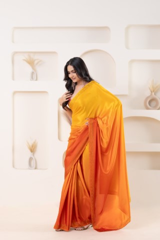 Yellow Beautiful Bollywood Style Satin Fabic Ready To Wear Saree