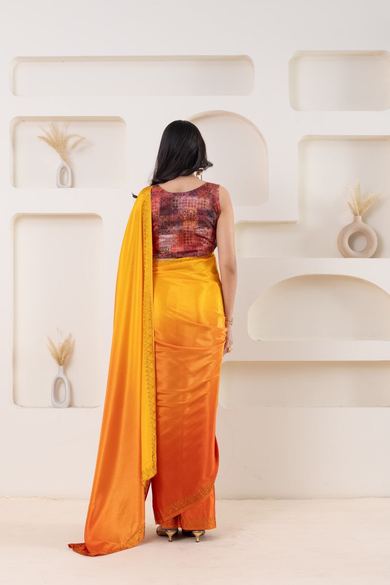 Yellow Beautiful Bollywood Style Satin Fabic Ready To Wear Saree