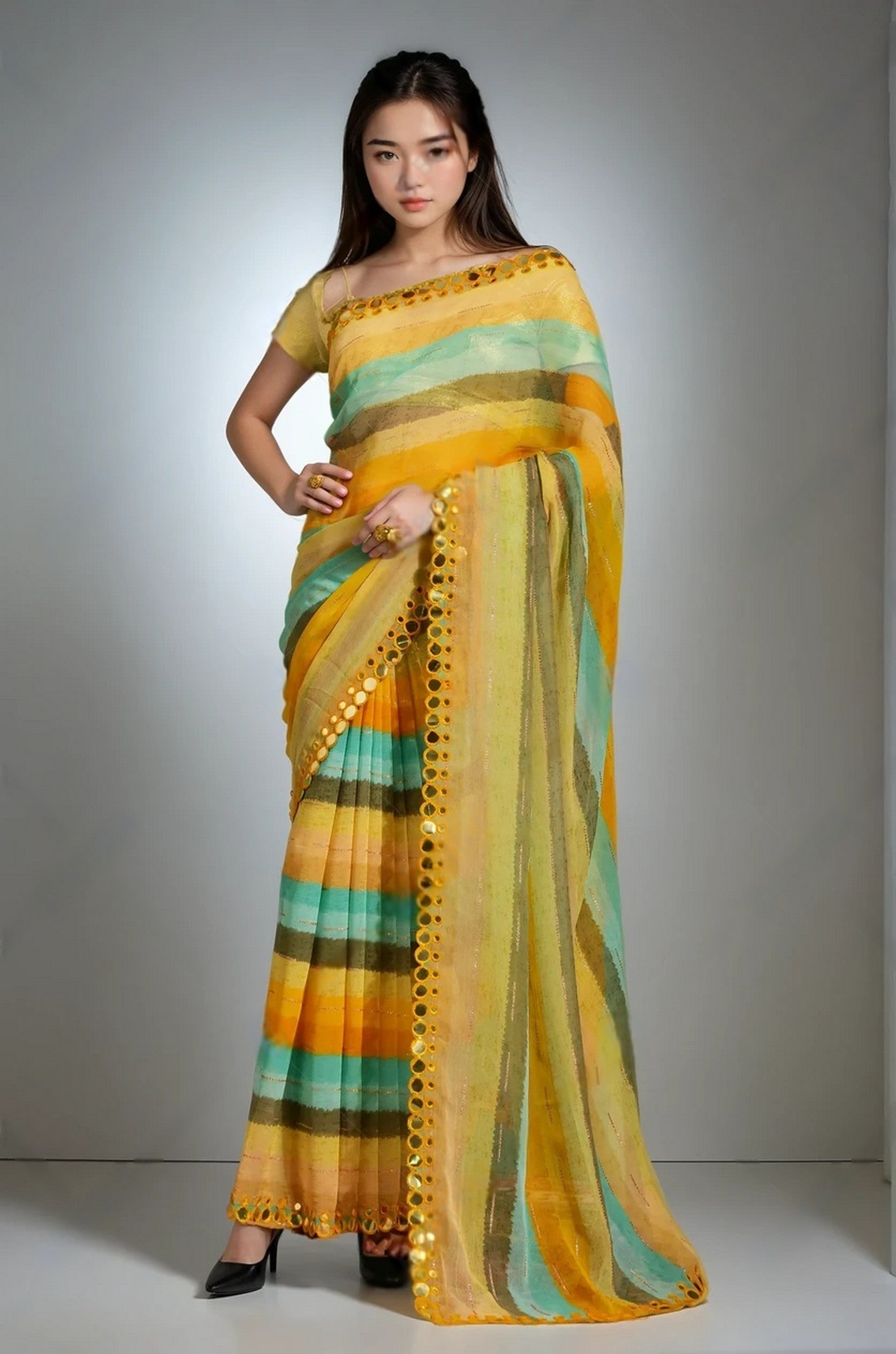 Yellow Beautiful Chiffon Designer Lariya Printed With Mirror Cut Work