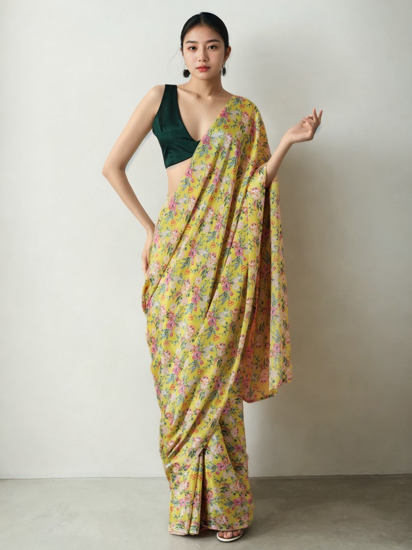 Yellow Beautiful Chinon Designer Digital Printed Ready To Wear Ceremonial Saree