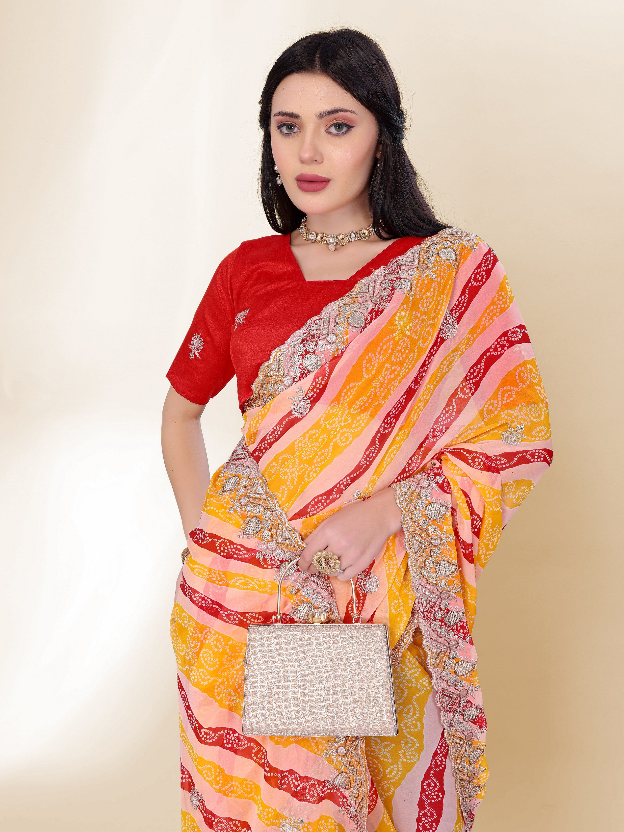 Yellow Beautiful Georgette Bandhej Printed Festive Saree