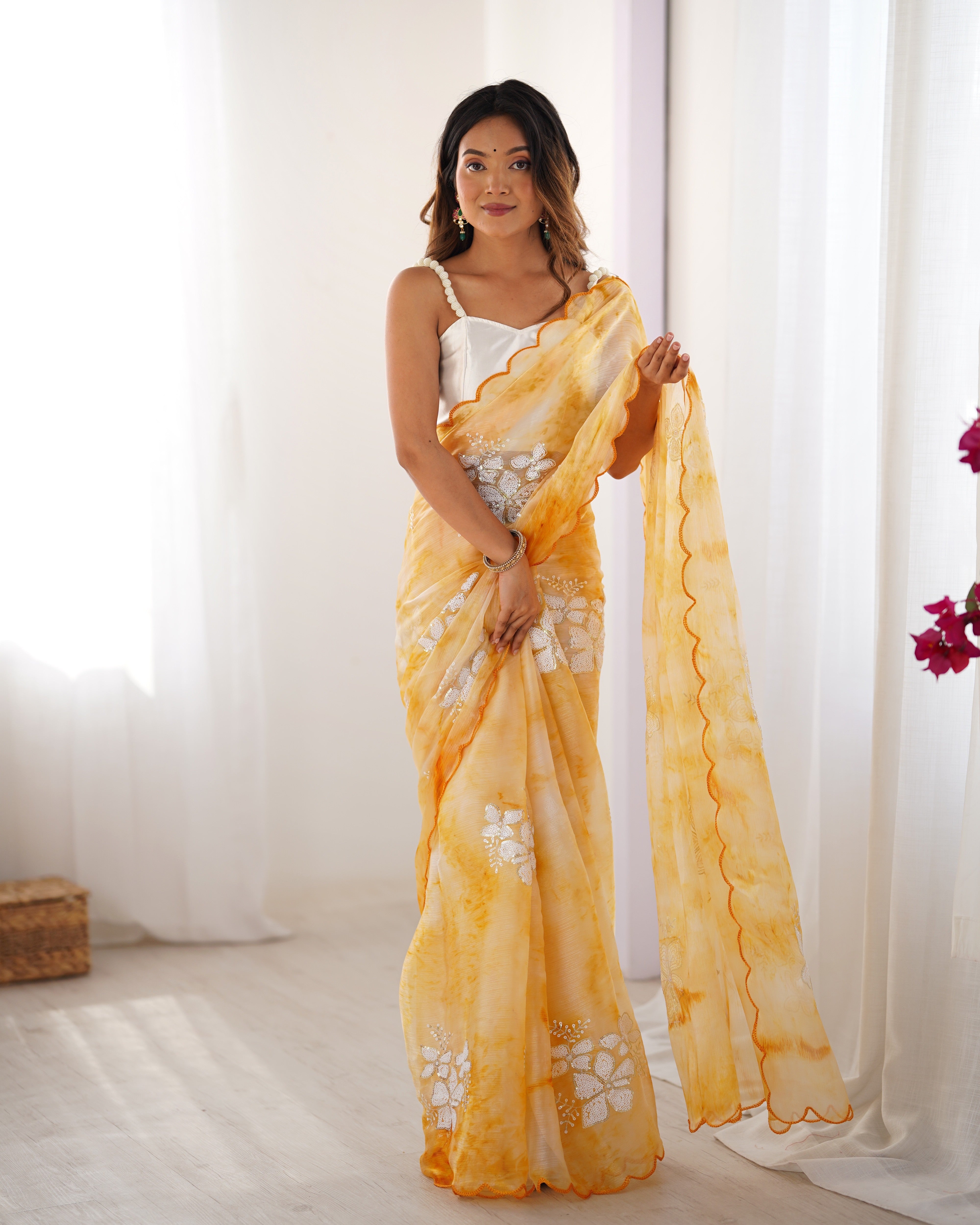 Yellow Beautiful Jimmy Choo Sequins Embroidered Ethnic Girlie Saree