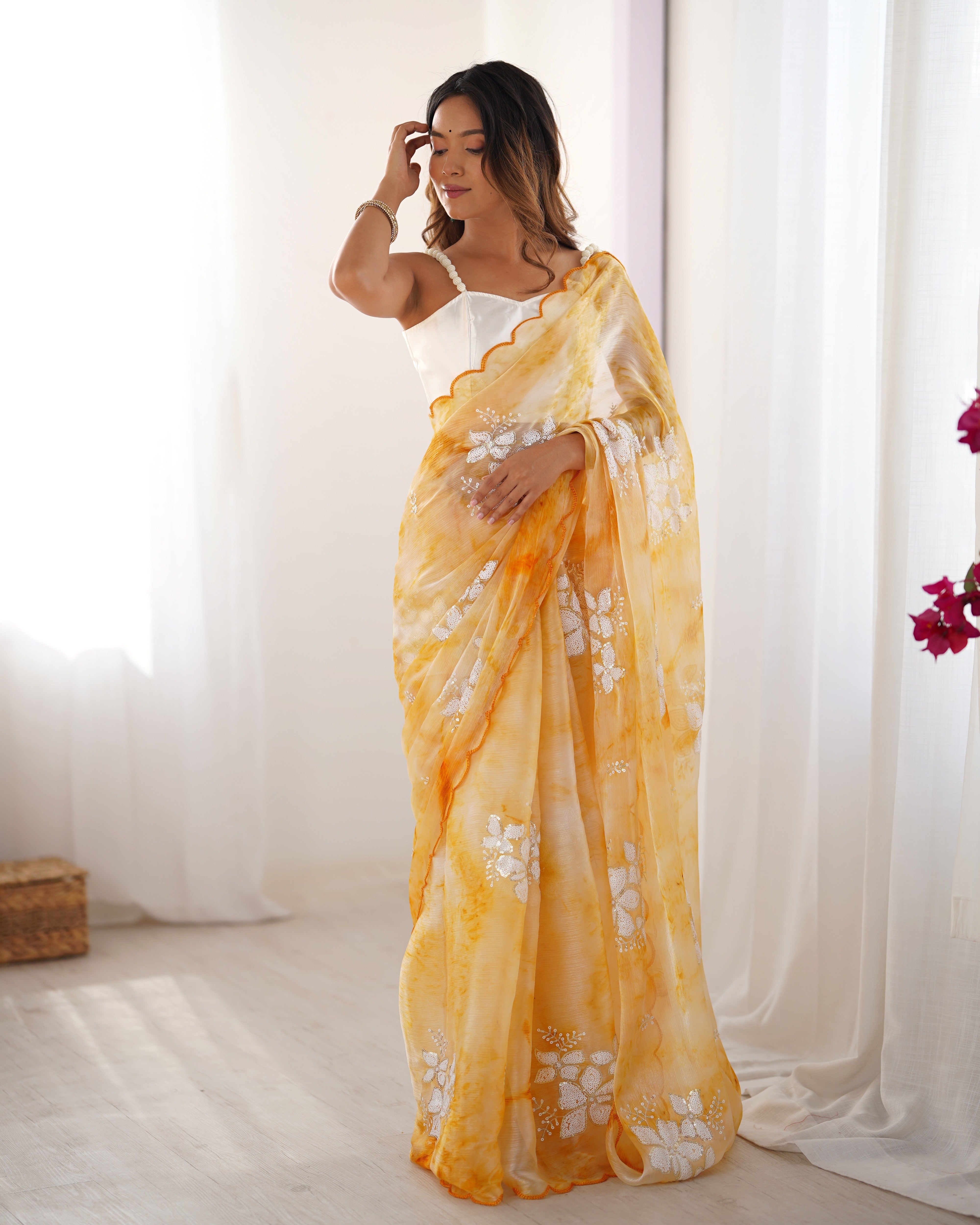 Yellow Beautiful Jimmy Choo Sequins Embroidered Ethnic Girlie Saree