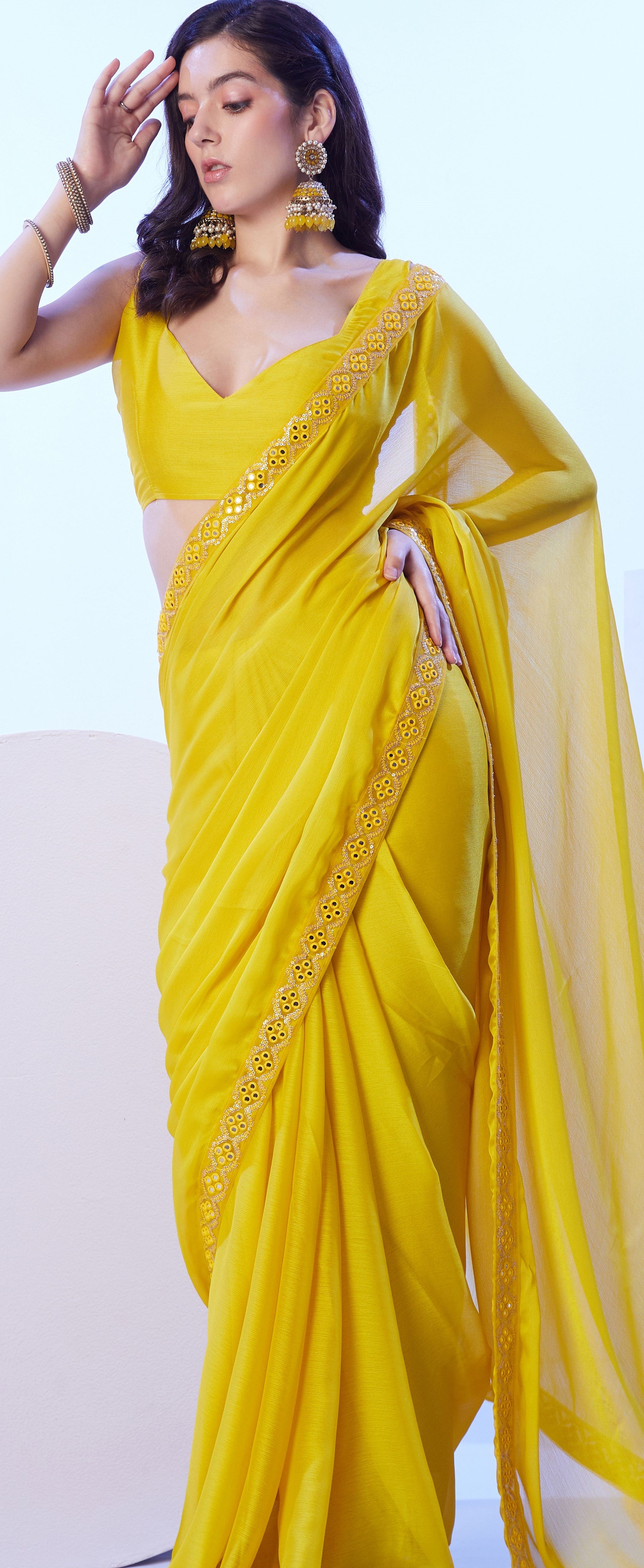 Yellow Beautiful Moss Solid Designer Bollywood Party Saree
