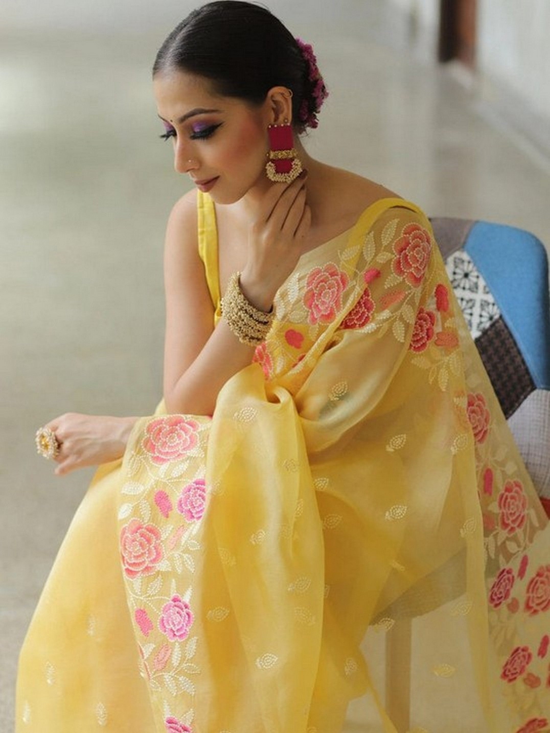 Yellow Beautiful Organza Ethnic Embroidered Girlie Saree