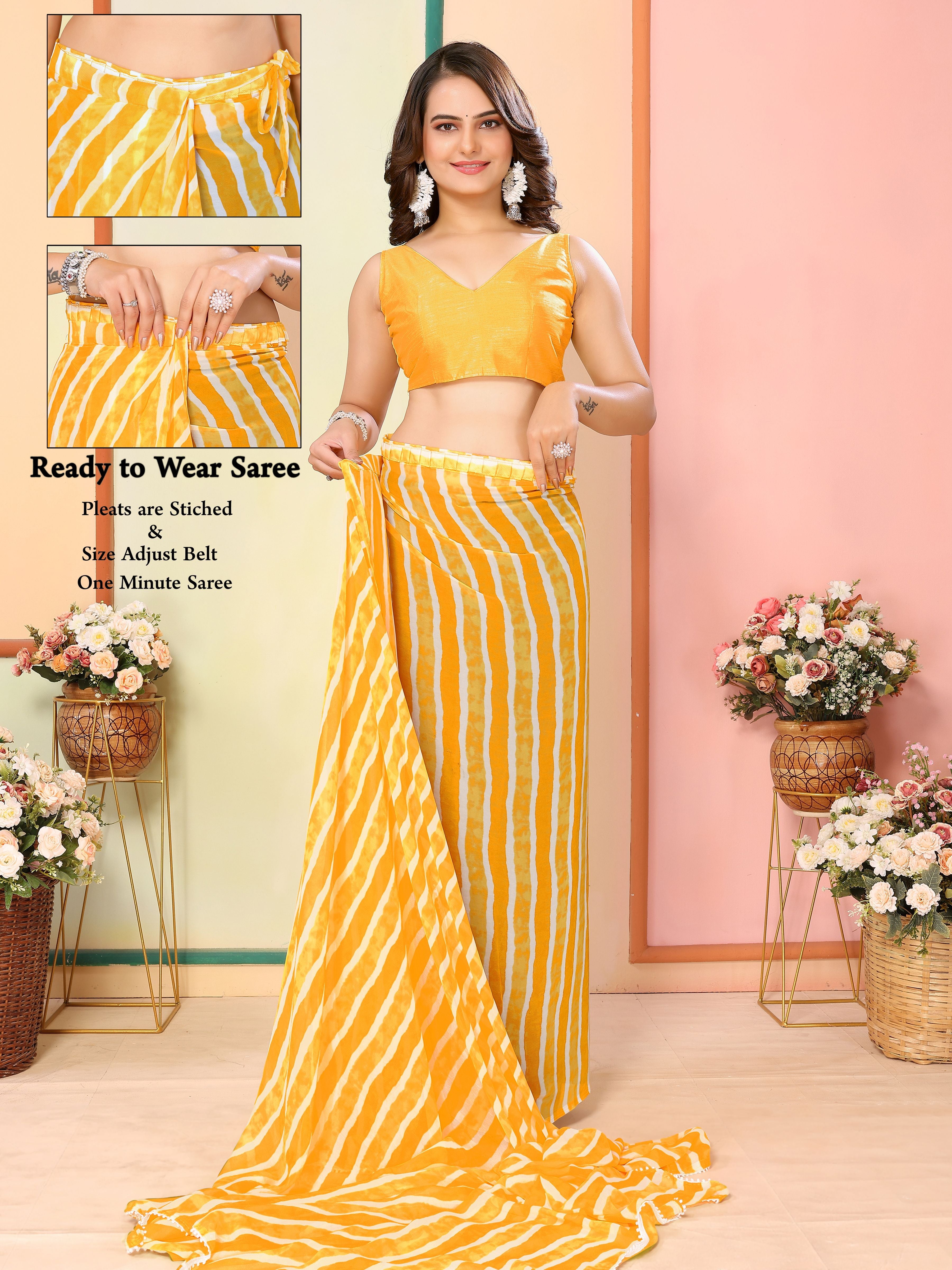 Yellow Beautiful Pinted Ready To Wear Ethnic Partywear Saree