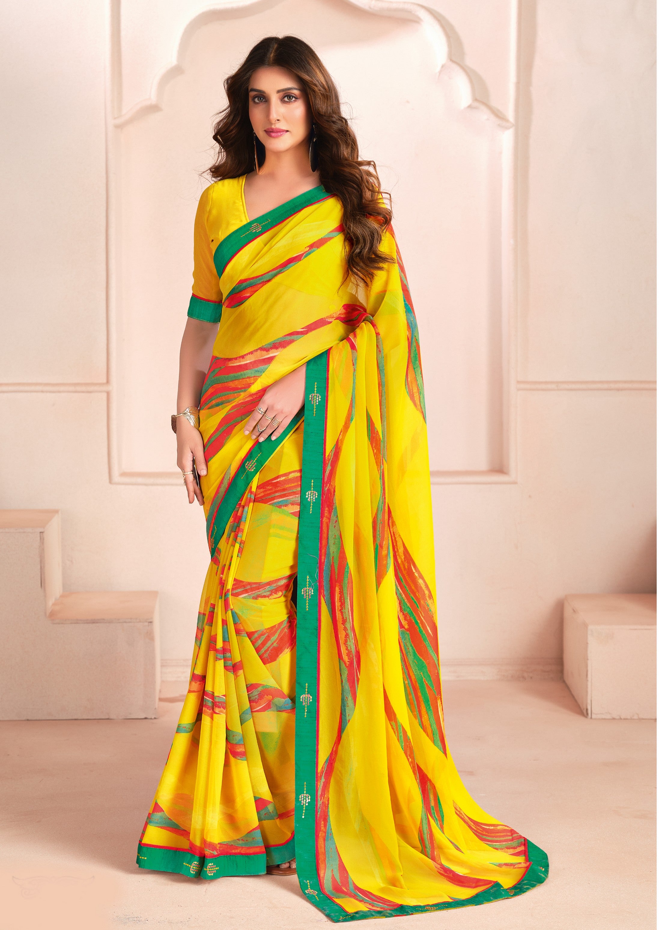 Yellow Bemberg Georgette Elegant Designer Digital Printed Ceremonial Classy Saree