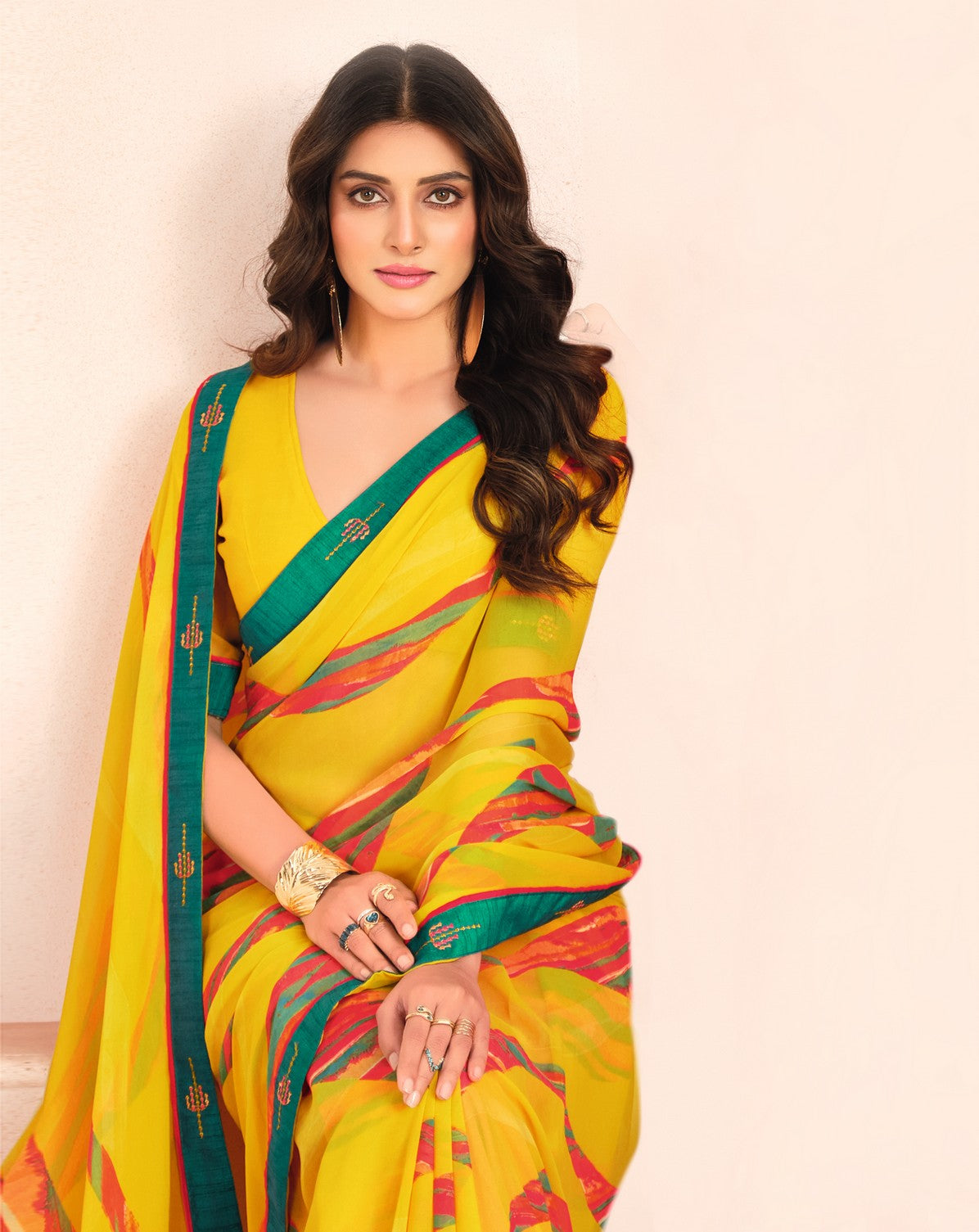 Yellow Bemberg Georgette Elegant Designer Digital Printed Ceremonial Classy Saree