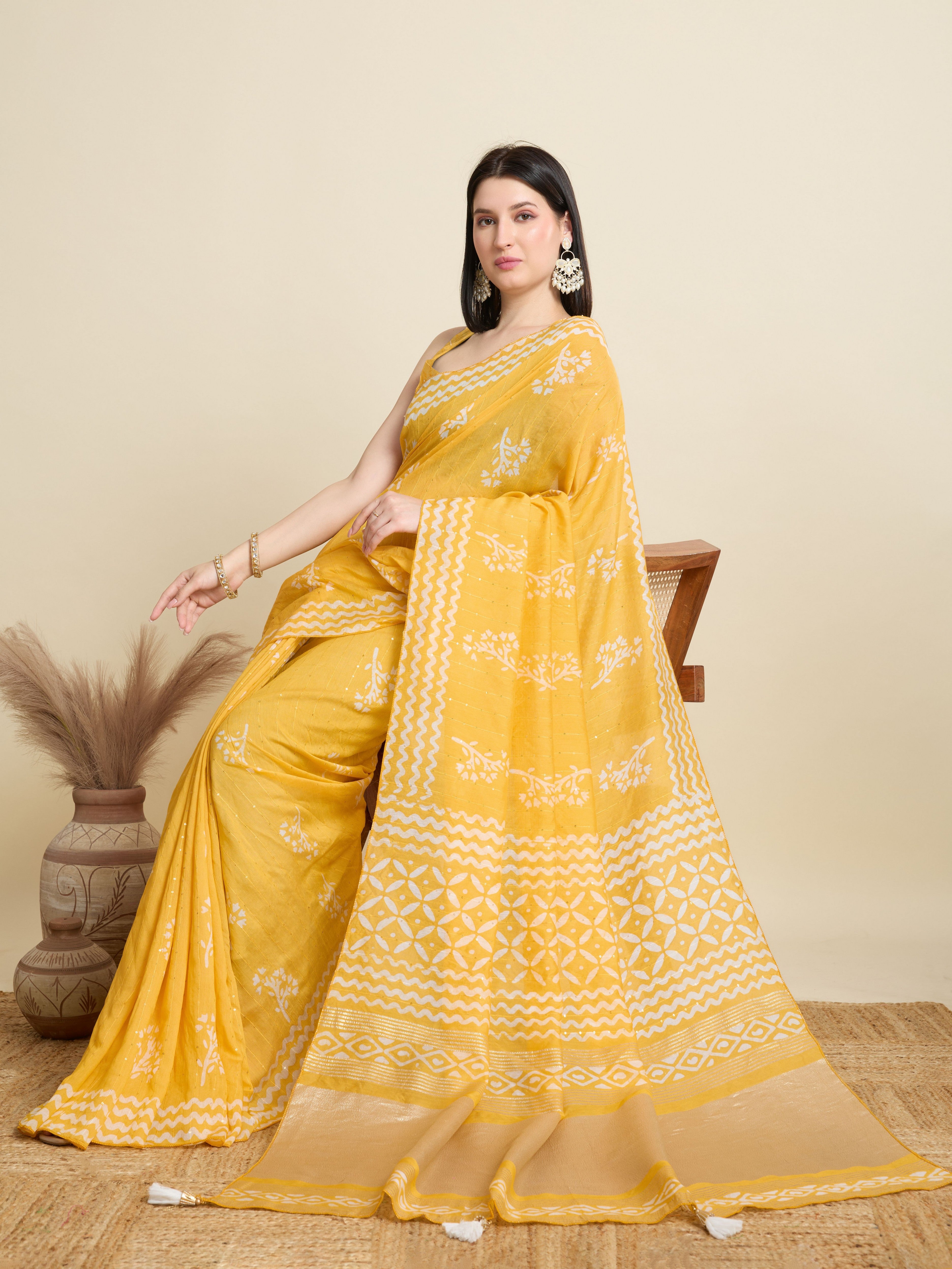 Yellow Blended Cotton Ethnic Festive Saree