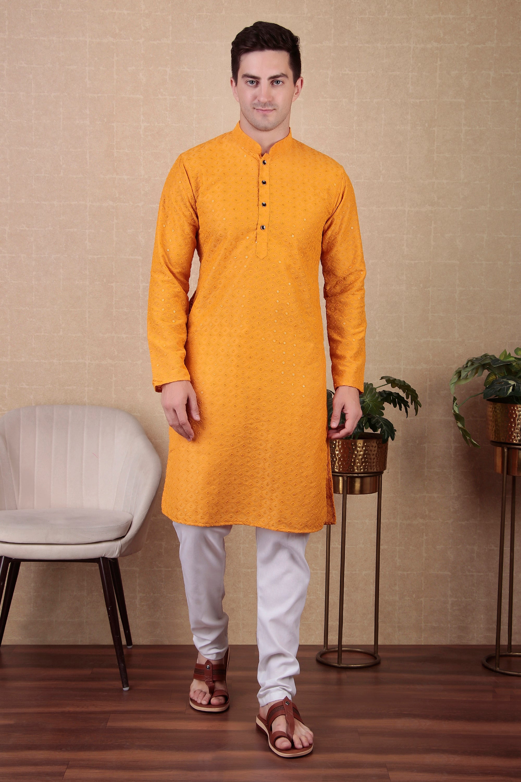 Yellow Bollywood Style Kurta Payjama Set with Sequins – Bright and Festive