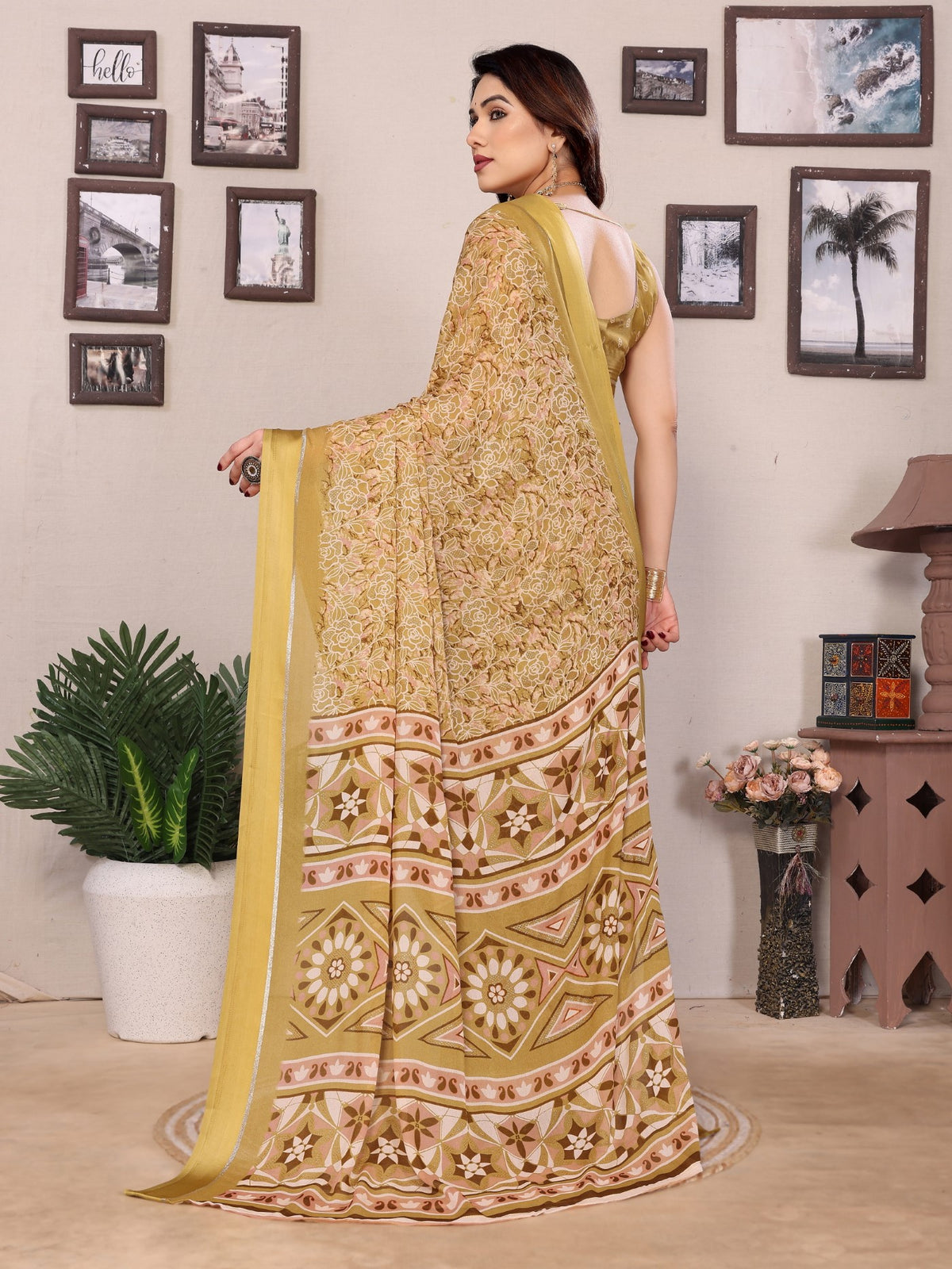 Yellow Bright Moss Printed Saree With Zari Work
