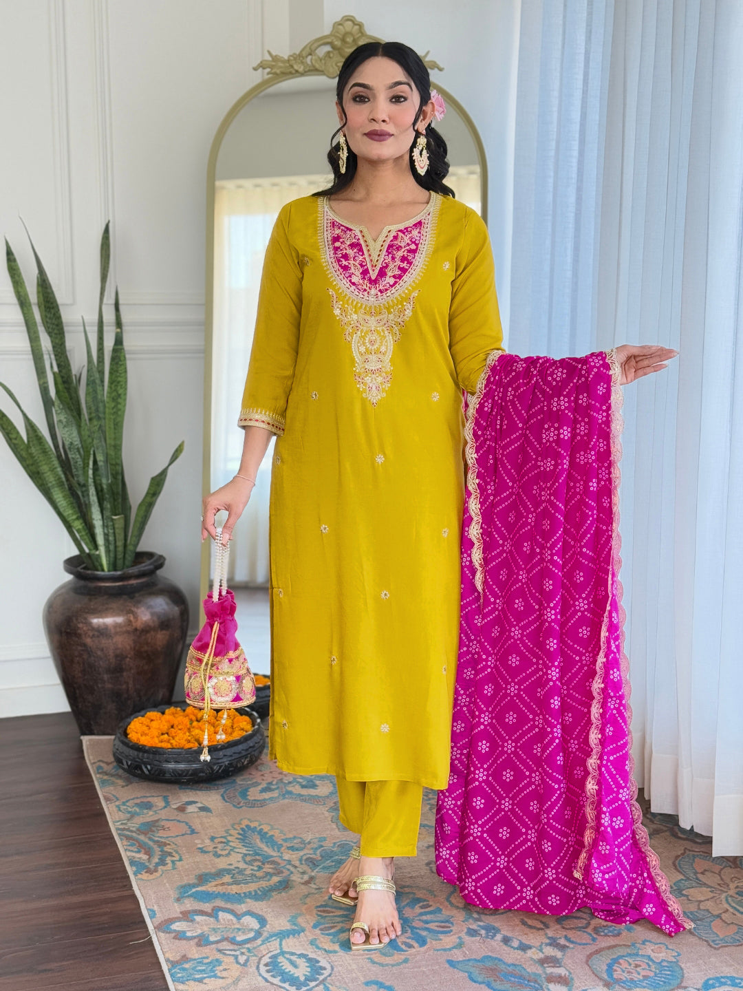 Yellow Bsy Viscose Elegant Kurta Pant Set With Embroidery Work