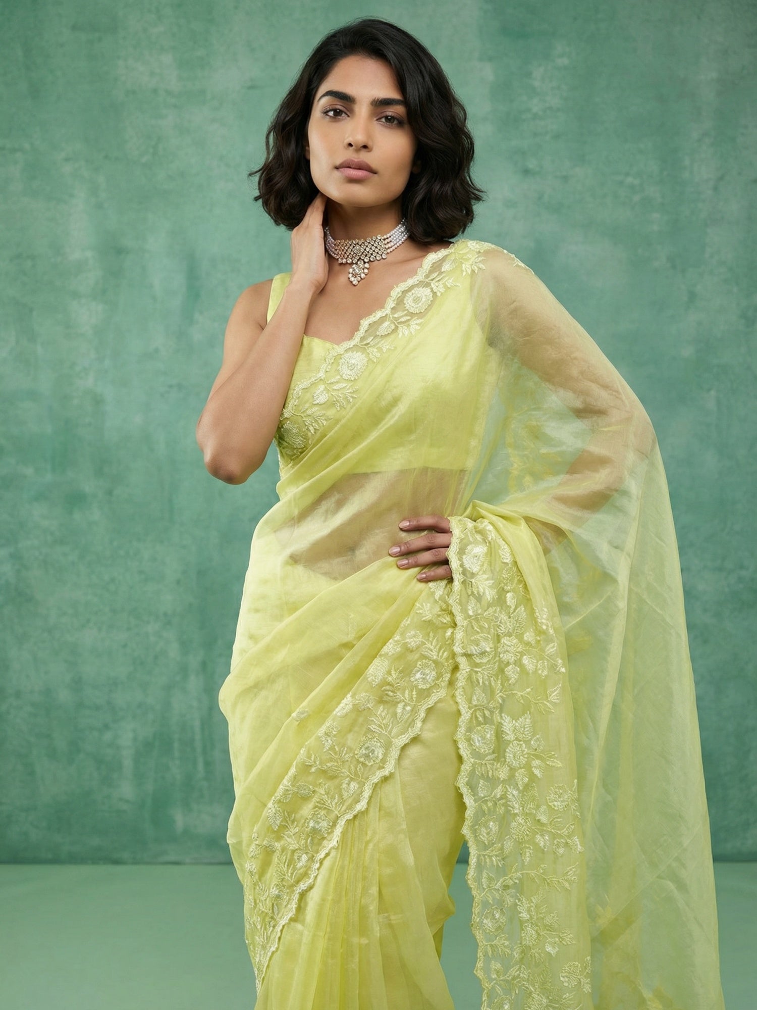 Yellow Chanda Silk Saree with Artistic Flower Embroidery Work