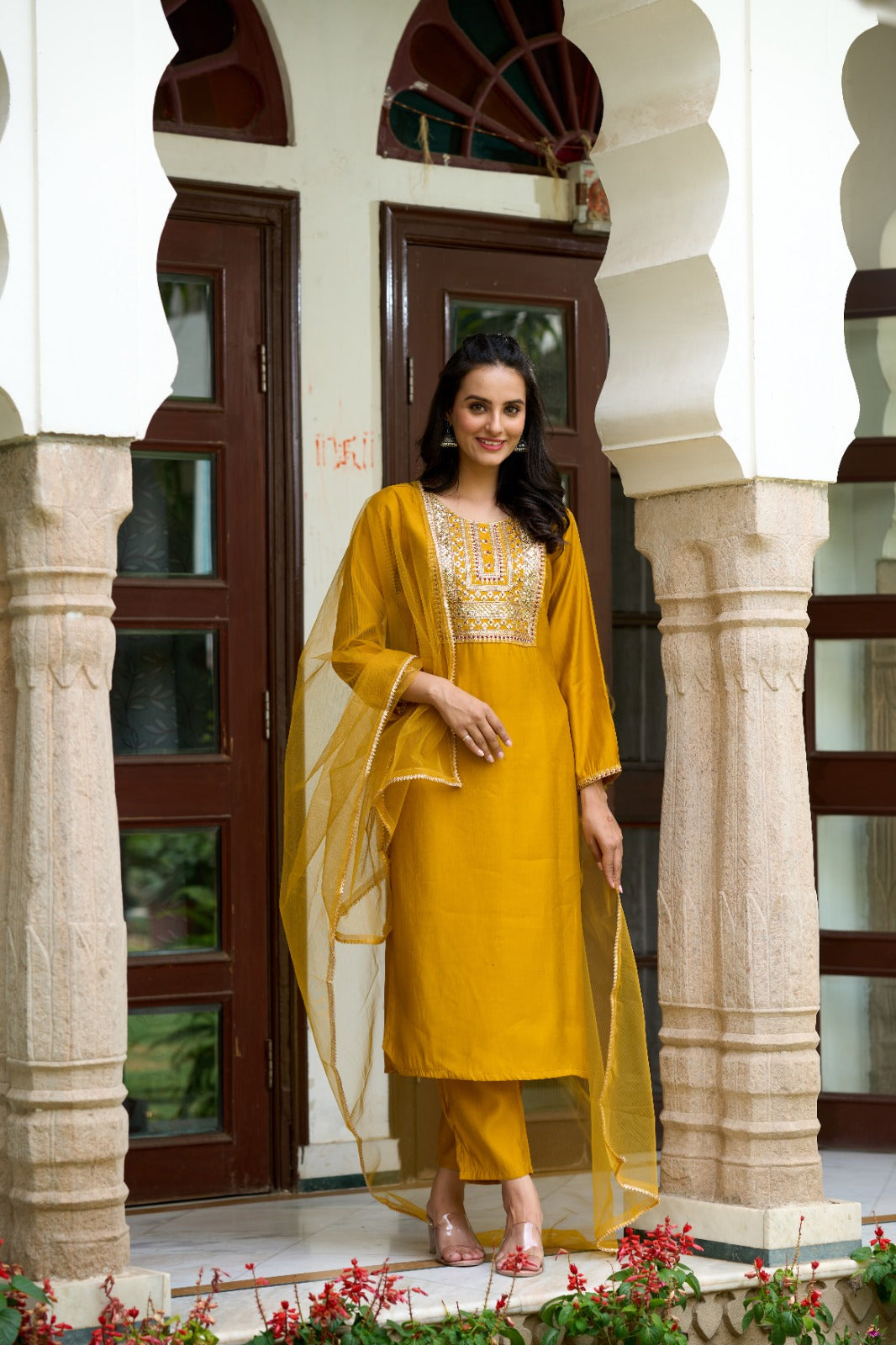 Yellow Chanderi Elegant Kurta Pant Set With Embroidery Work