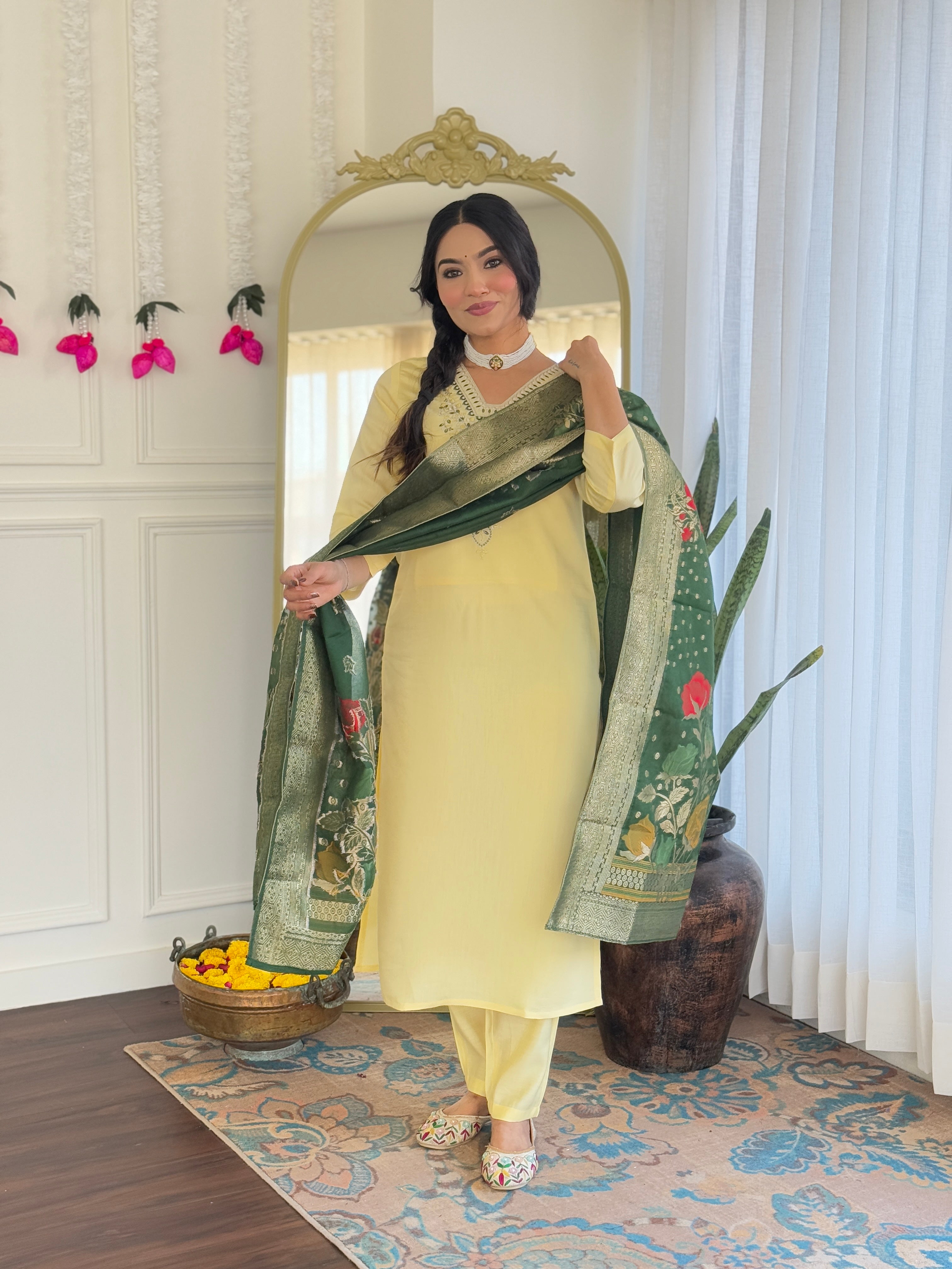 Yellow Chanderi Viscose Elegant Kurta Pant Set With Embroidery Work