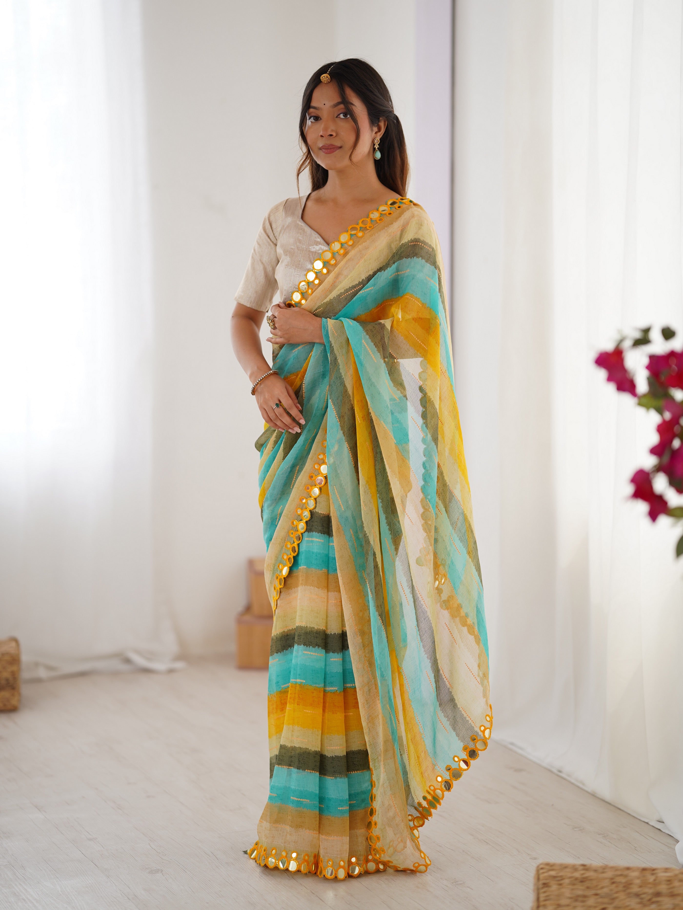 Yellow Chiffon Designer Laheriya Printed Saree With Mirror Cut Work