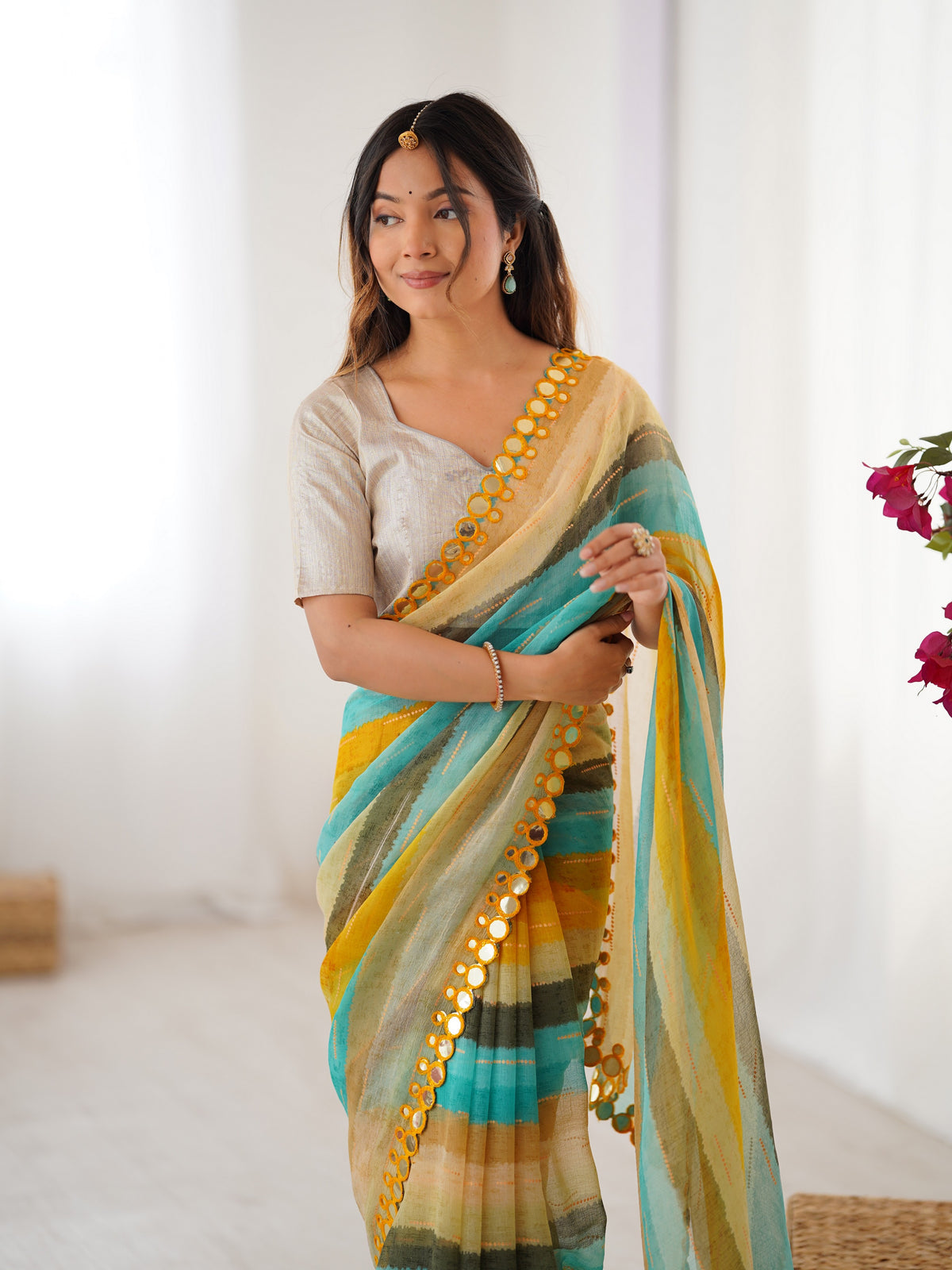Yellow Chiffon Designer Laheriya Printed Saree With Mirror Cut Work