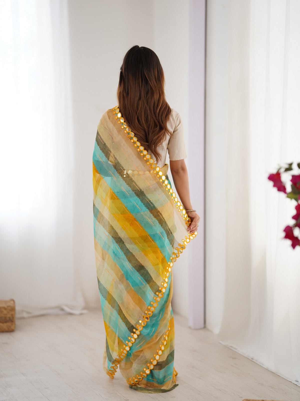 Yellow Chiffon Designer Laheriya Printed Saree With Mirror Cut Work