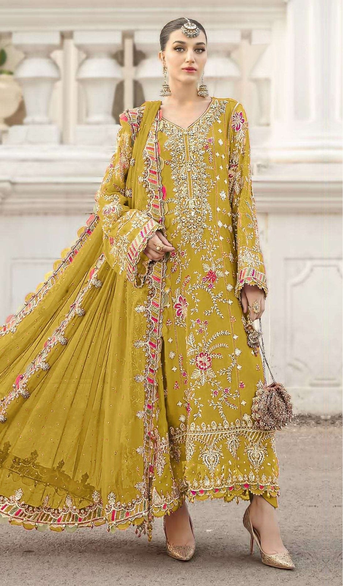 Yellow Chiffon Designer Suit Set With Delicate Embroidery