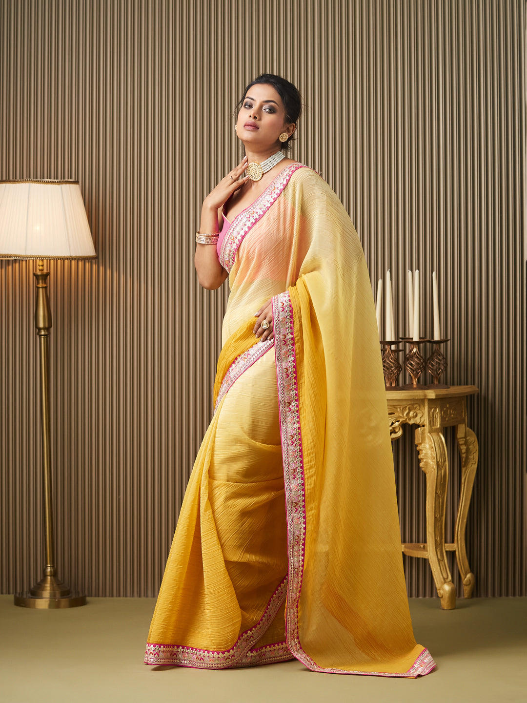 Yellow Chiffon Embroidered Gotta Patti Work Ceremonial Saree