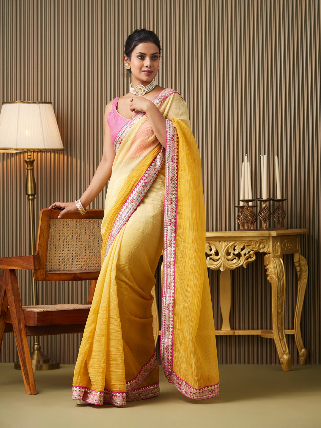 Yellow Chiffon Embroidered Gotta Patti Work Ceremonial Saree