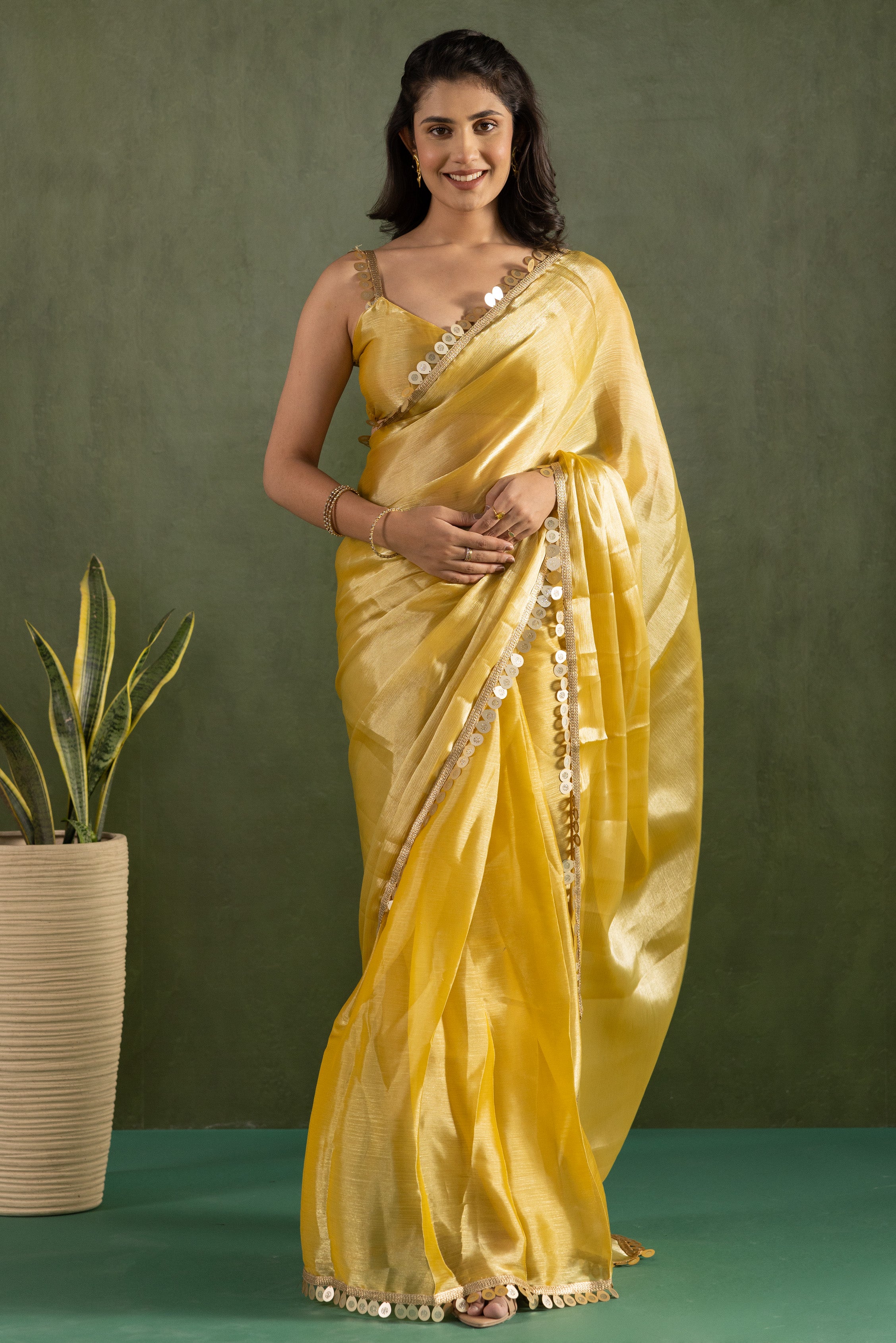 Yellow Chiffon Ready To Wear Designer Solid Partywear Saree