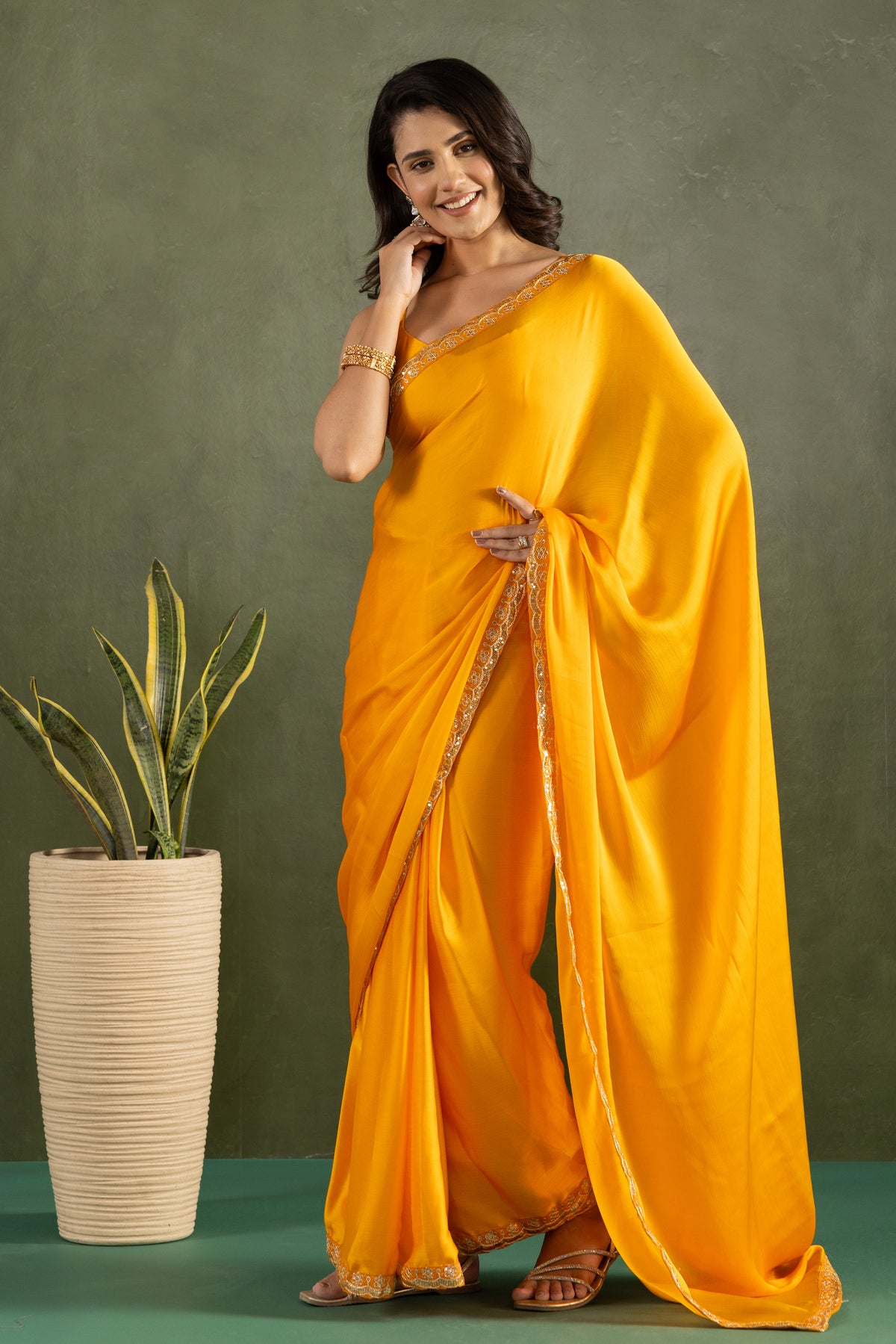 Yellow Chiffon Ready To Wear Designer Solid Partywear Saree