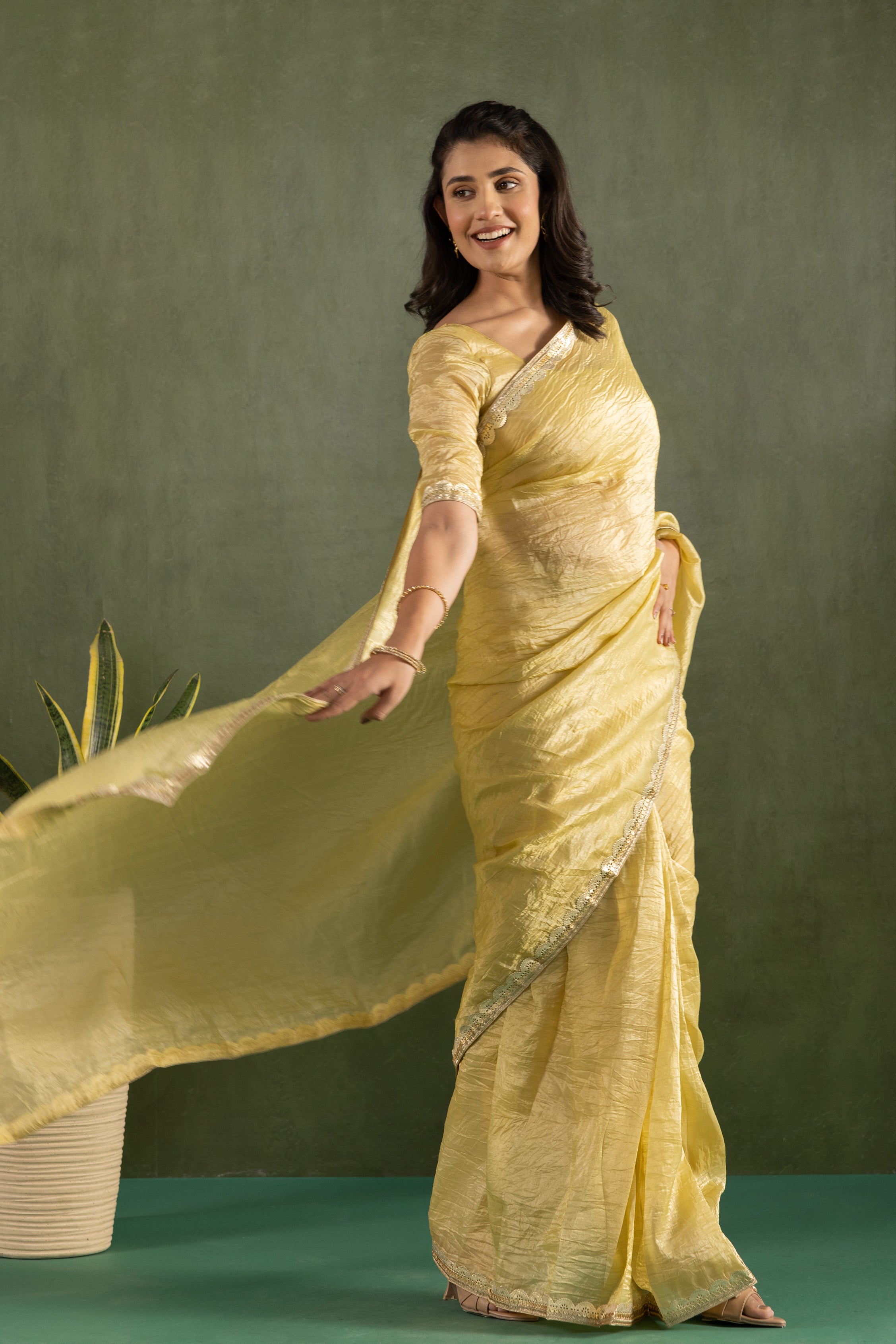 Yellow Chiffon Ready To Wear Saree For Graceful Bollywood Style Saree