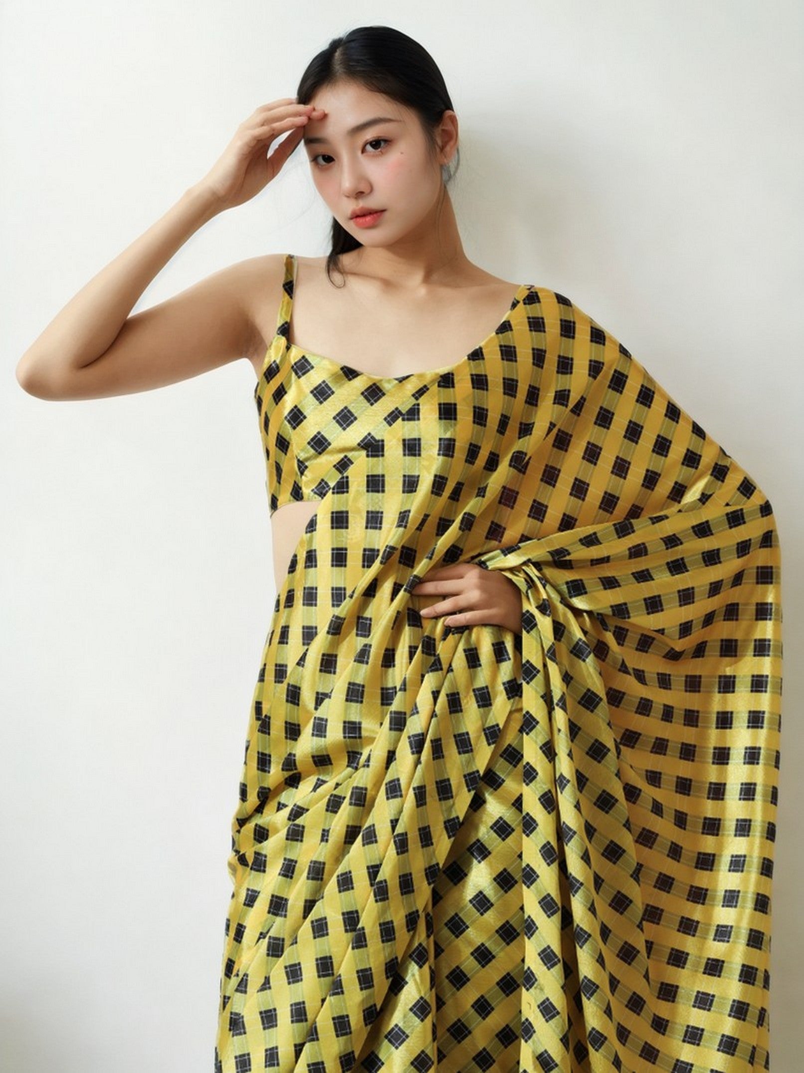 Yellow Chinon Designer Digital Printed Ready To Wear Saree