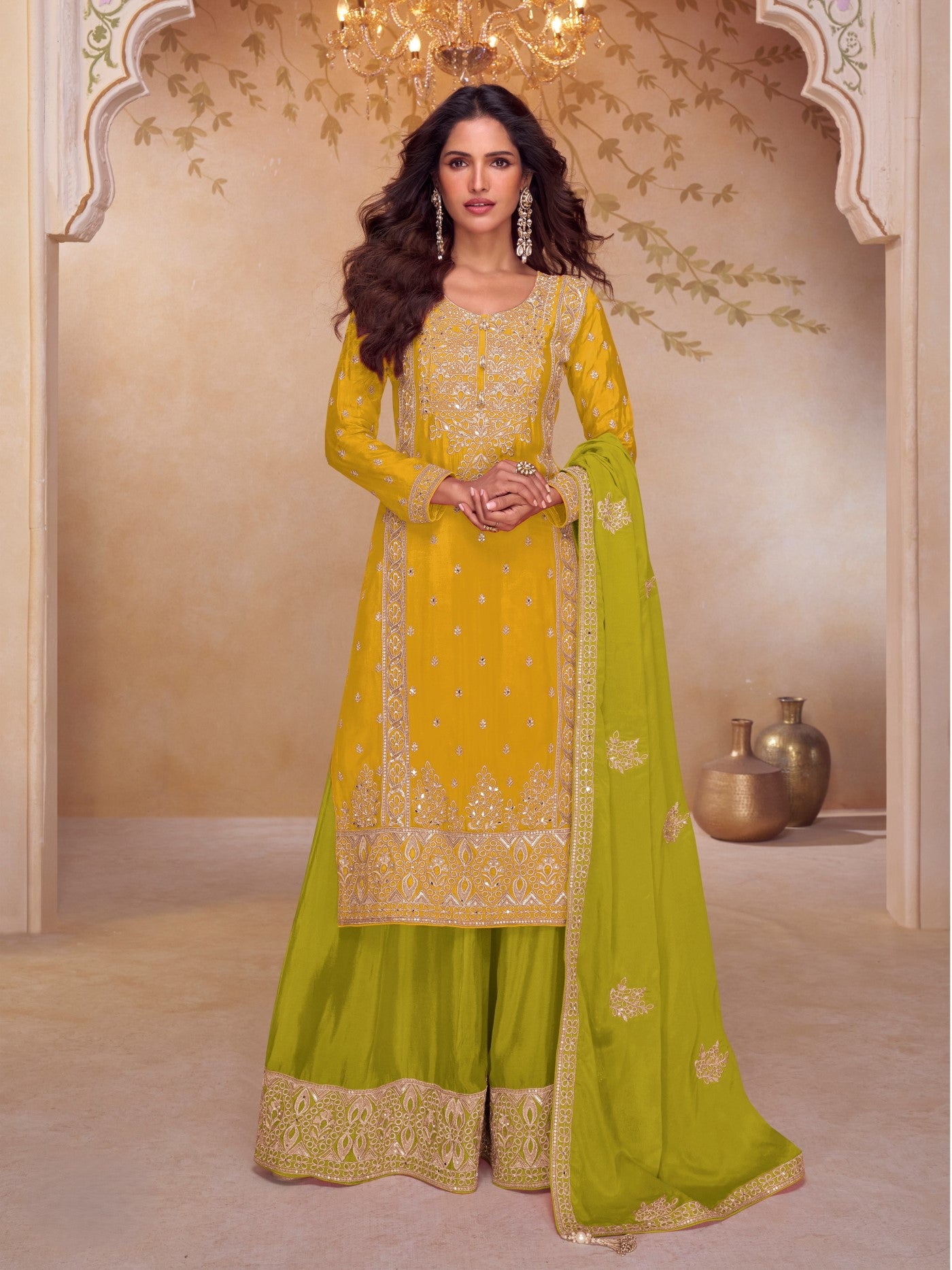 Yellow Chinon Designer Suit Set With Elegant Embroidery
